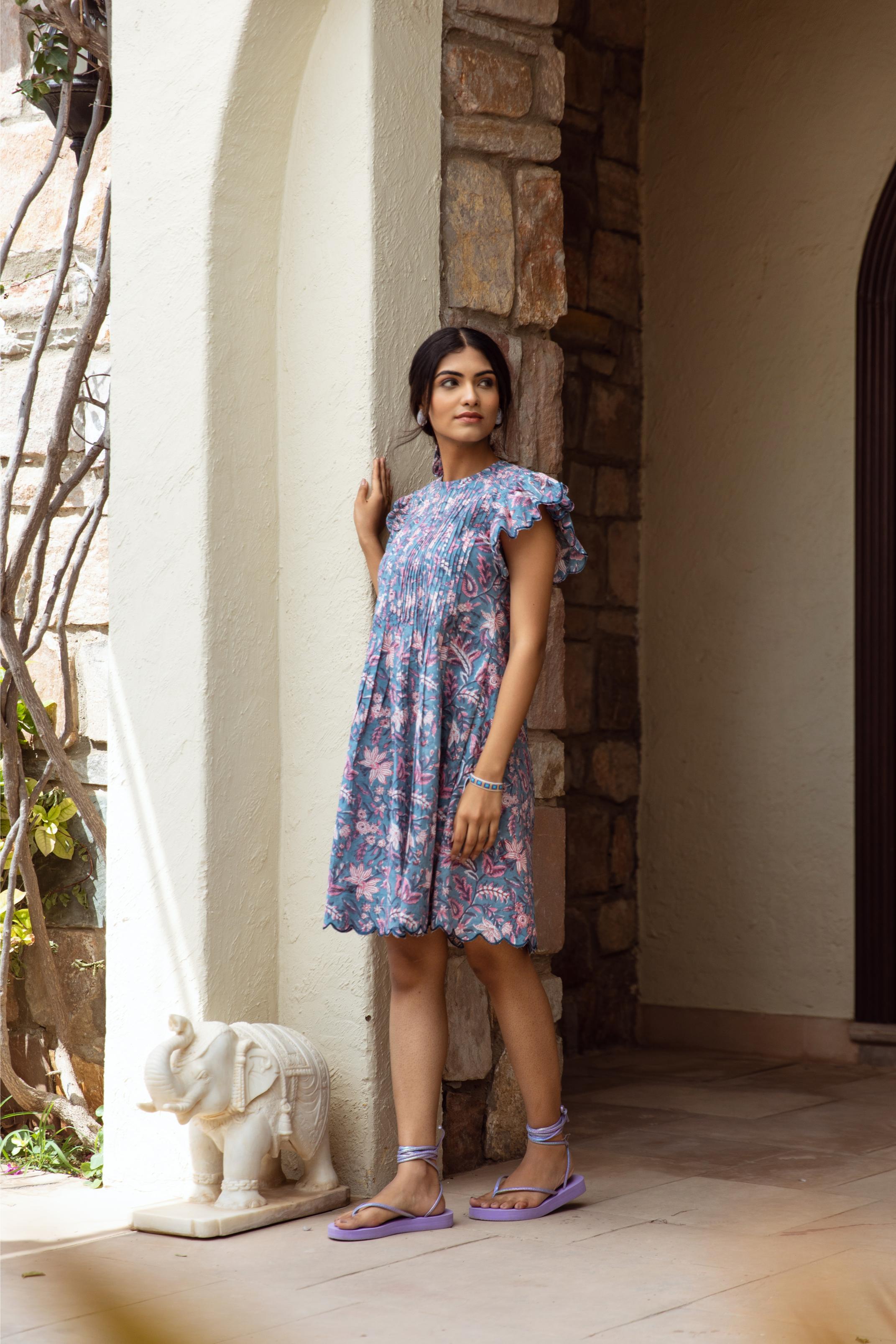 Blue cotton handblock print dress Asrumo