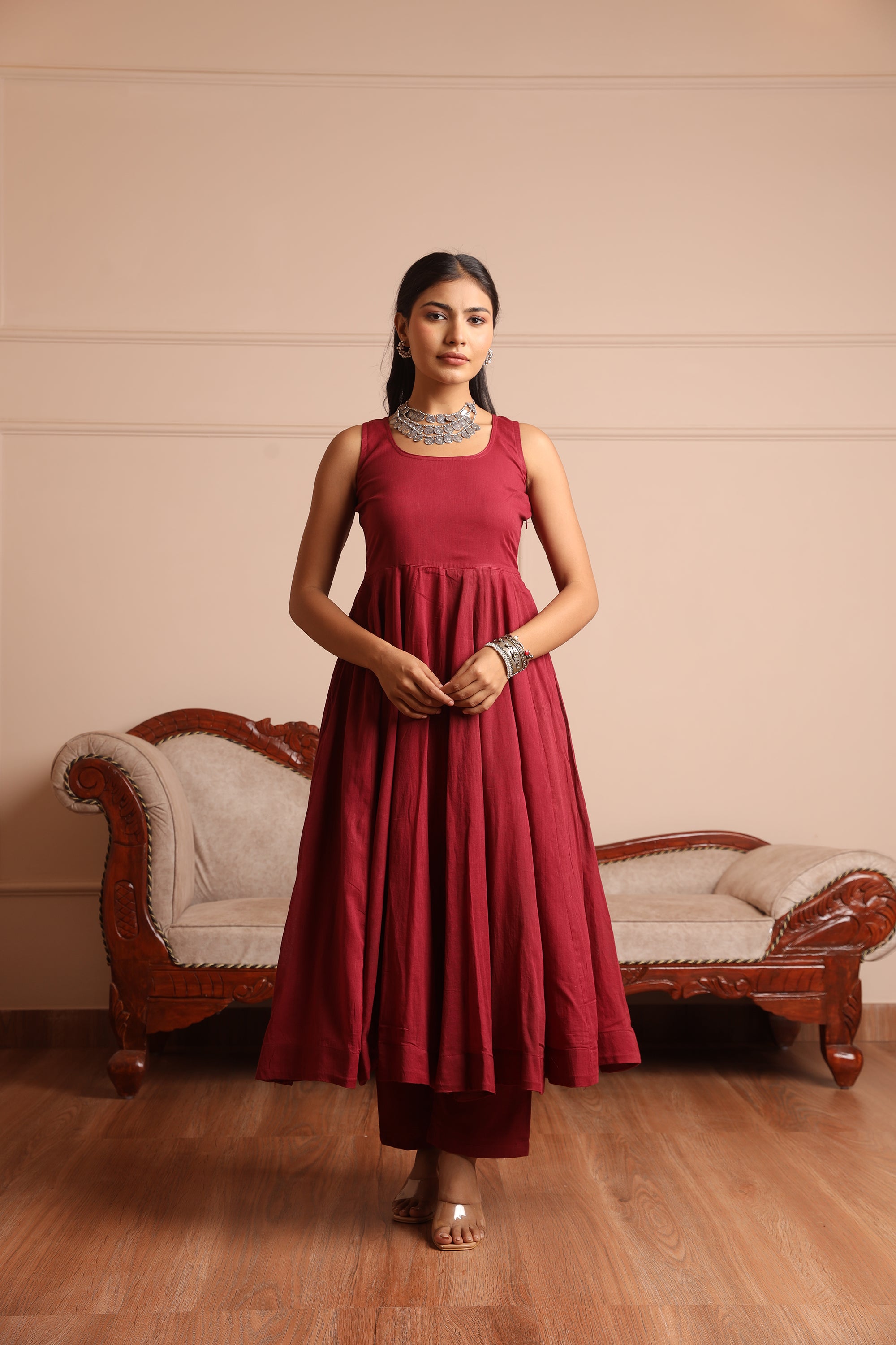 Maroon Mulmul Anarkali Set - Asrumo