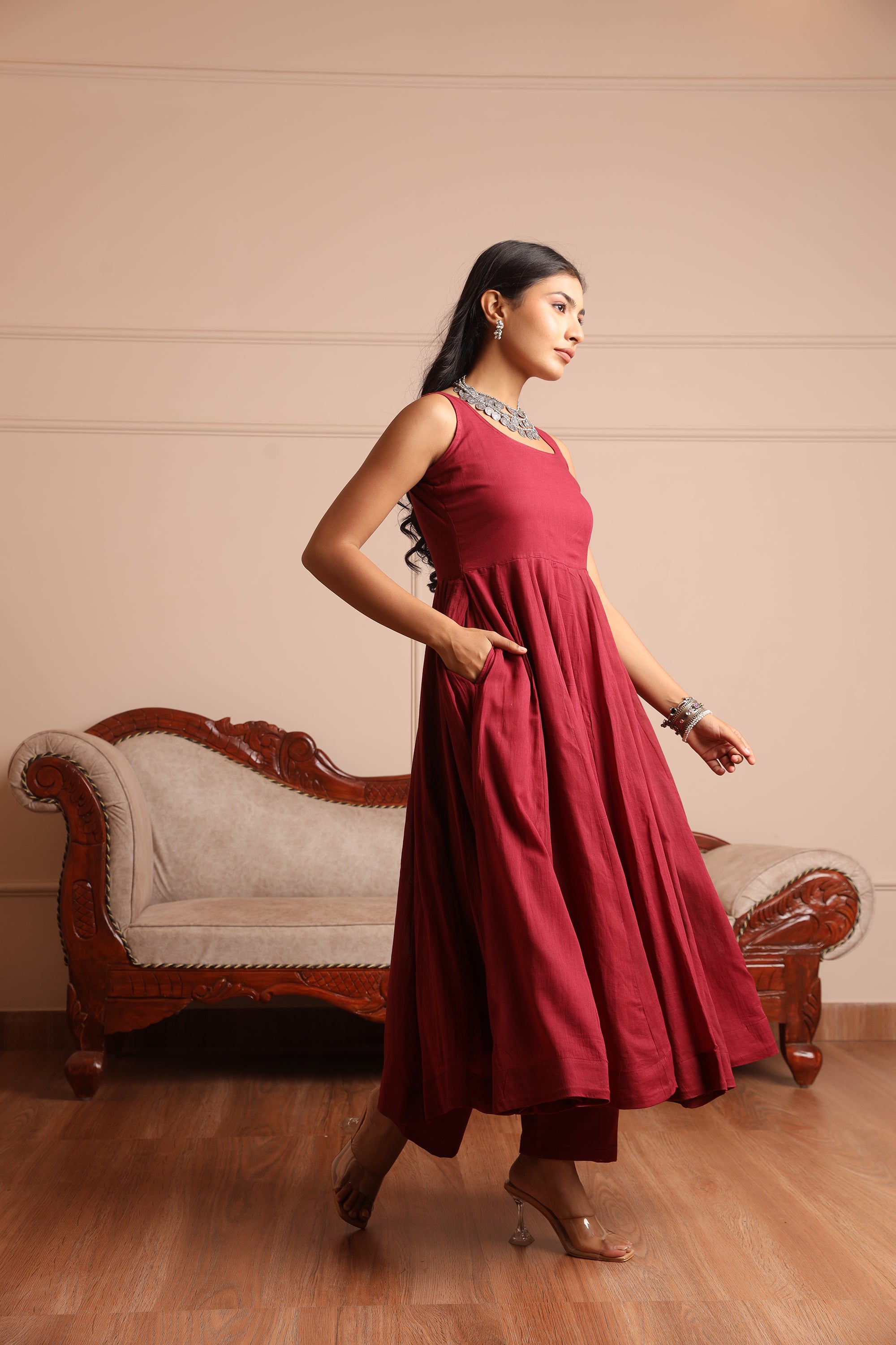 Maroon Mulmul Anarkali Set - Asrumo