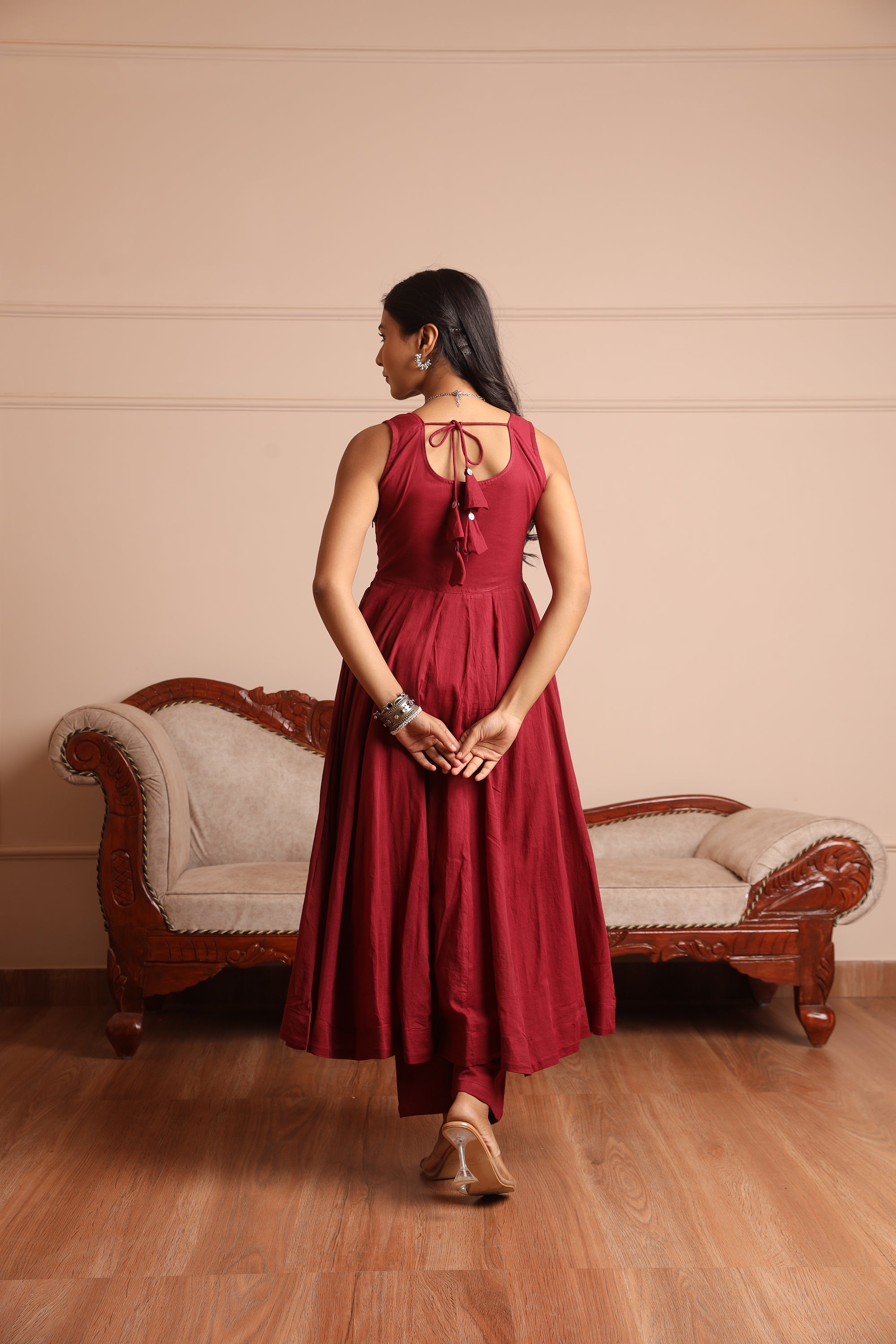 Maroon Mulmul Anarkali Set - Asrumo