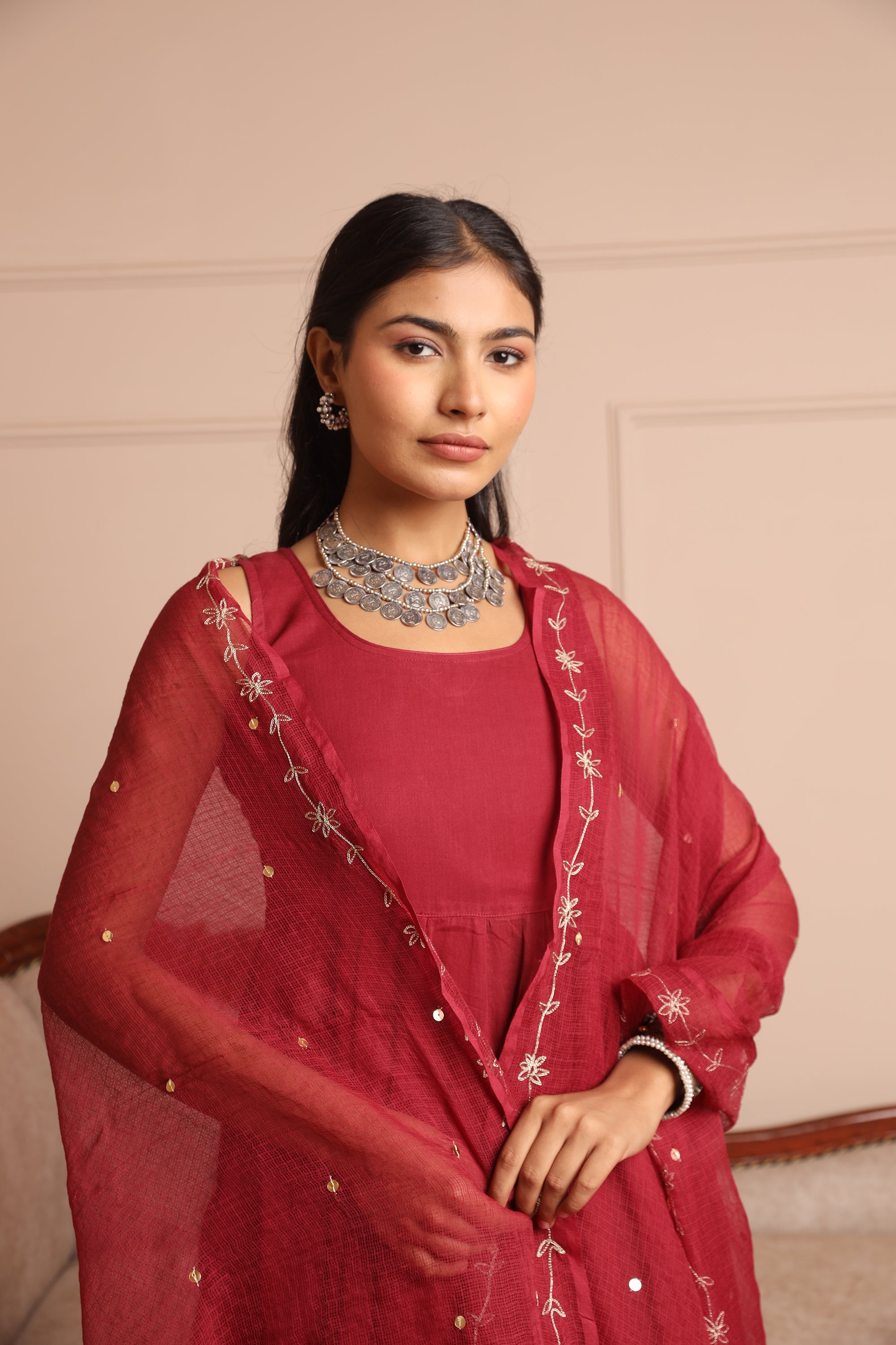 Maroon Mulmul Anarkali Set - Asrumo