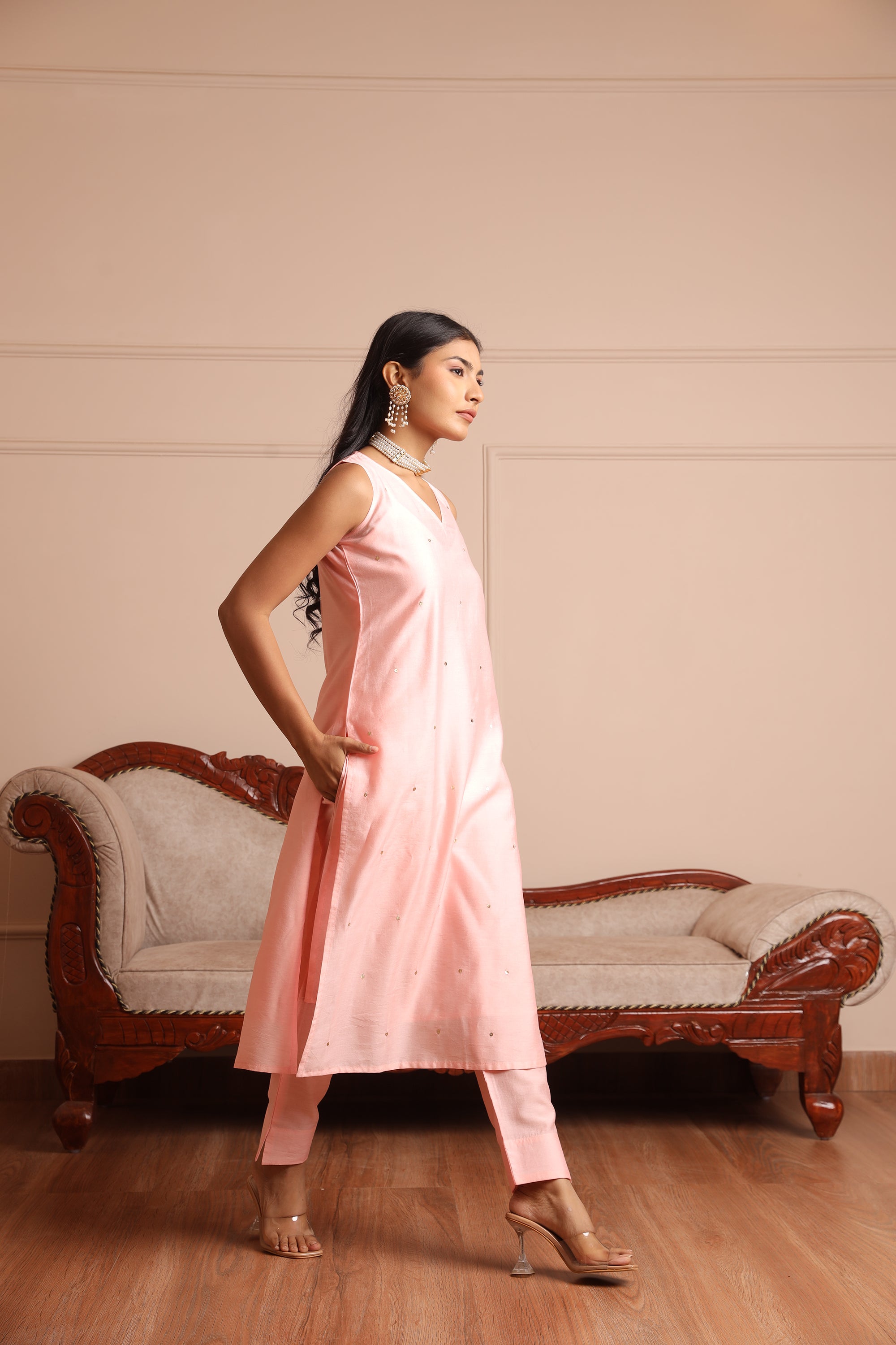 Light Pink Chanderi  Embroidered Straight Set  - Asrumo