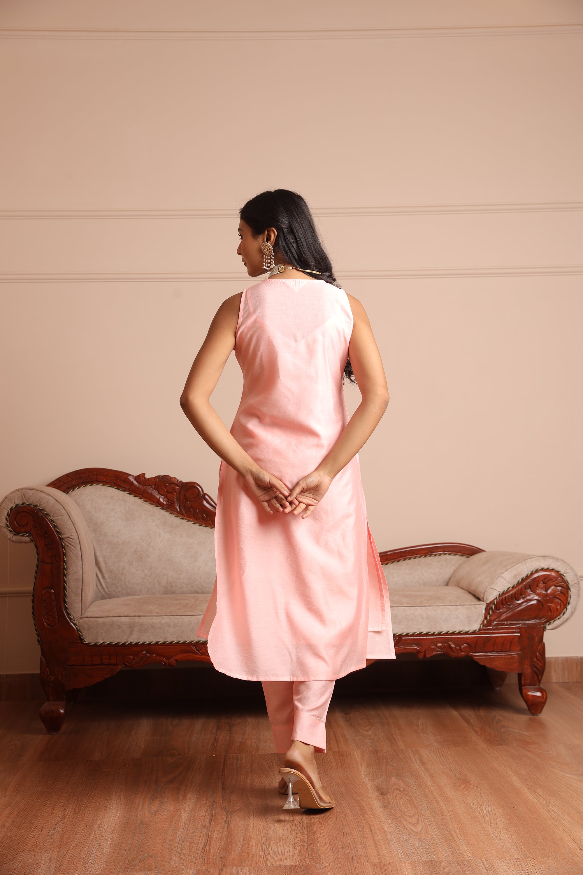 Light Pink Chanderi  Embroidered Straight Set  - Asrumo