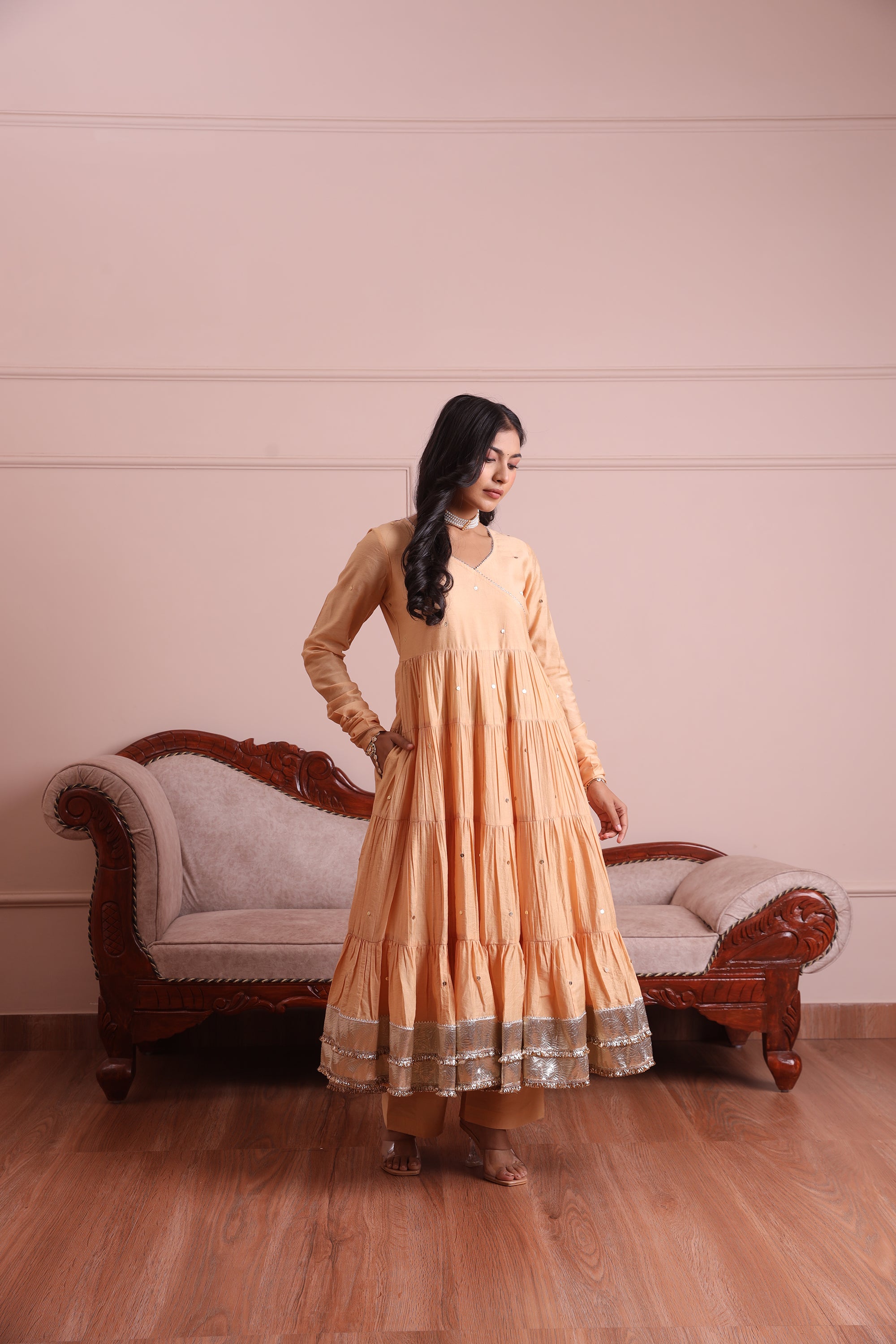 Golden Chanderi Embroidered Anarkali Set - Asrumo