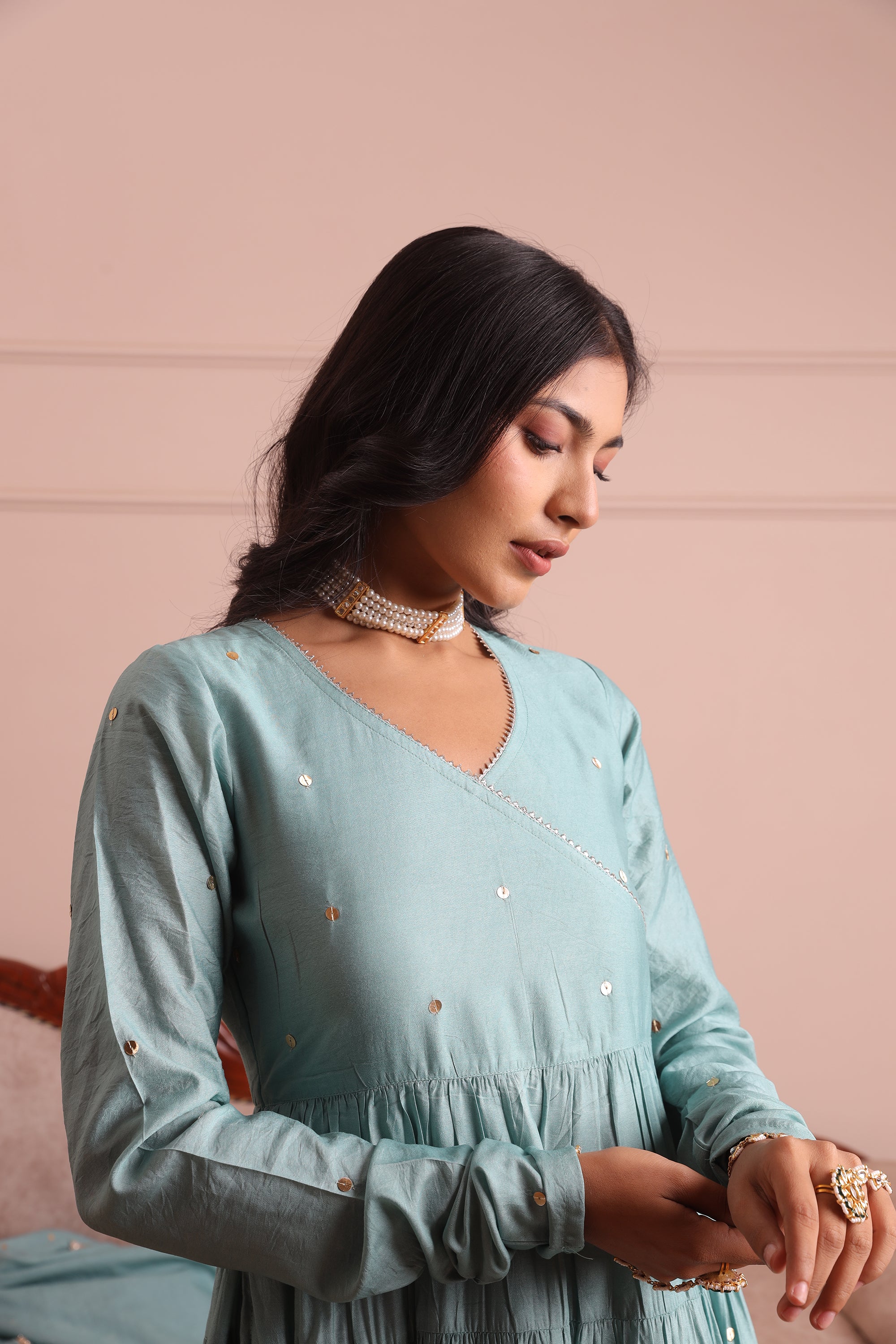Mint Green Embroidered Chanderi Anarkali Set - Asrumo