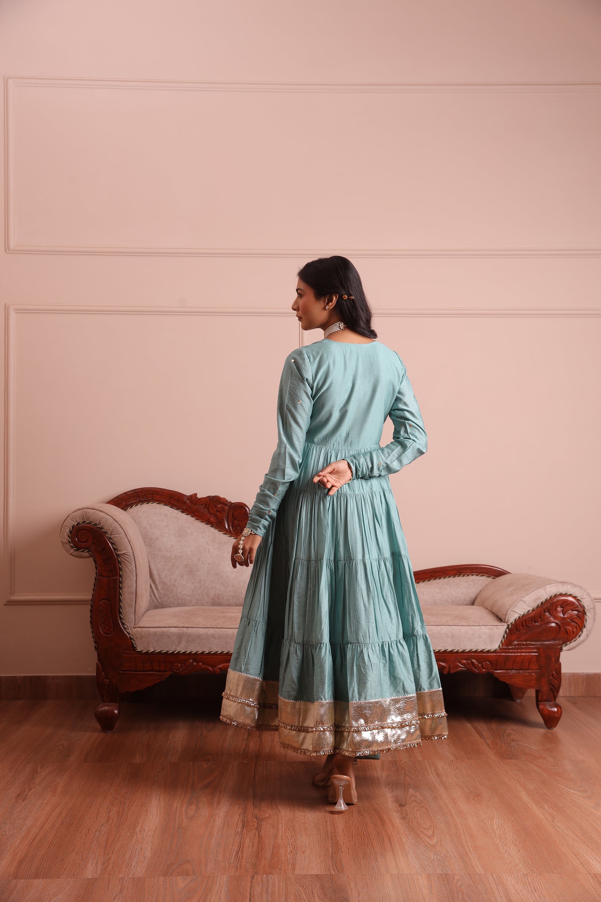 Mint Green Embroidered Chanderi Anarkali Set - Asrumo