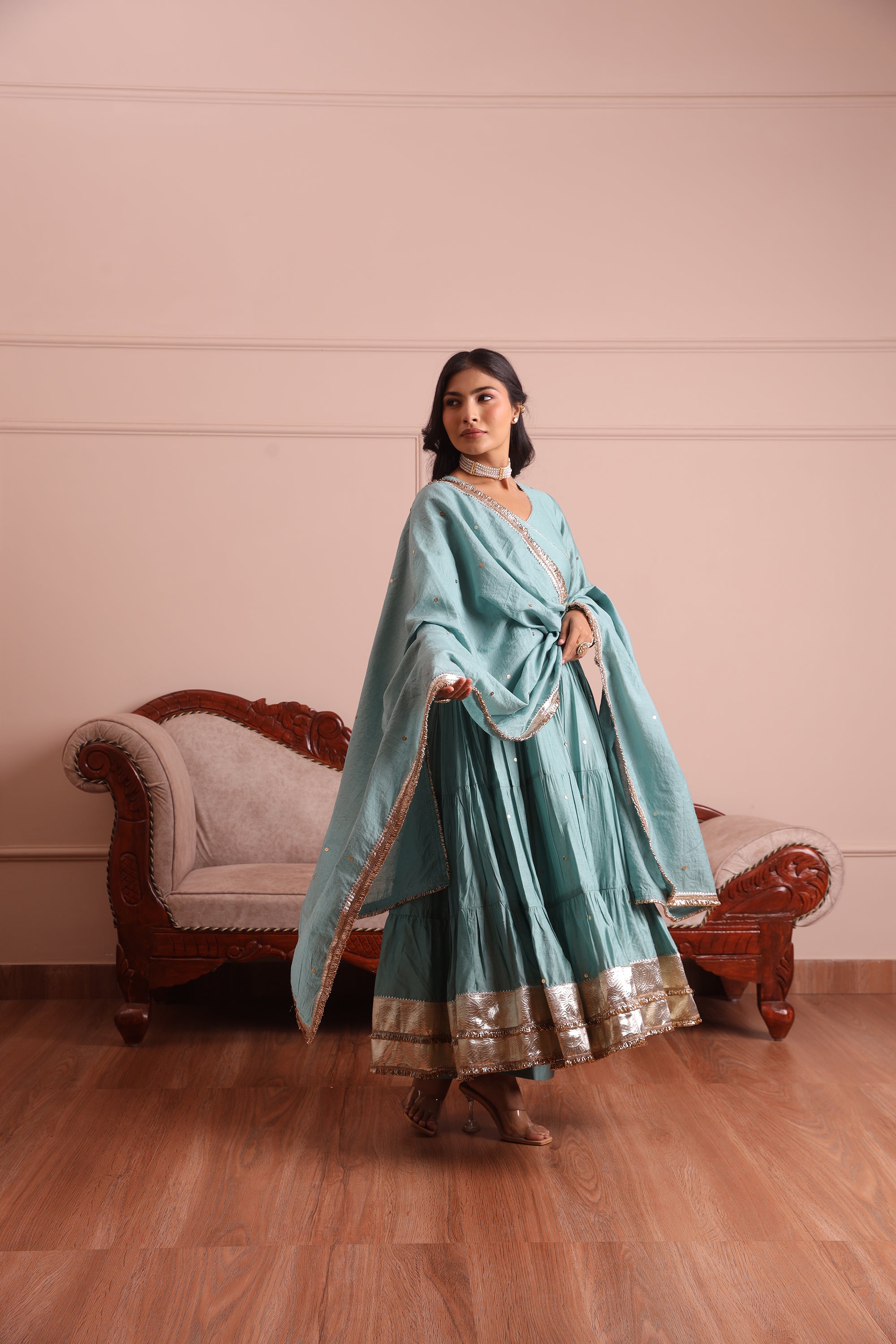 Mint Green Embroidered Chanderi Anarkali Set - Asrumo