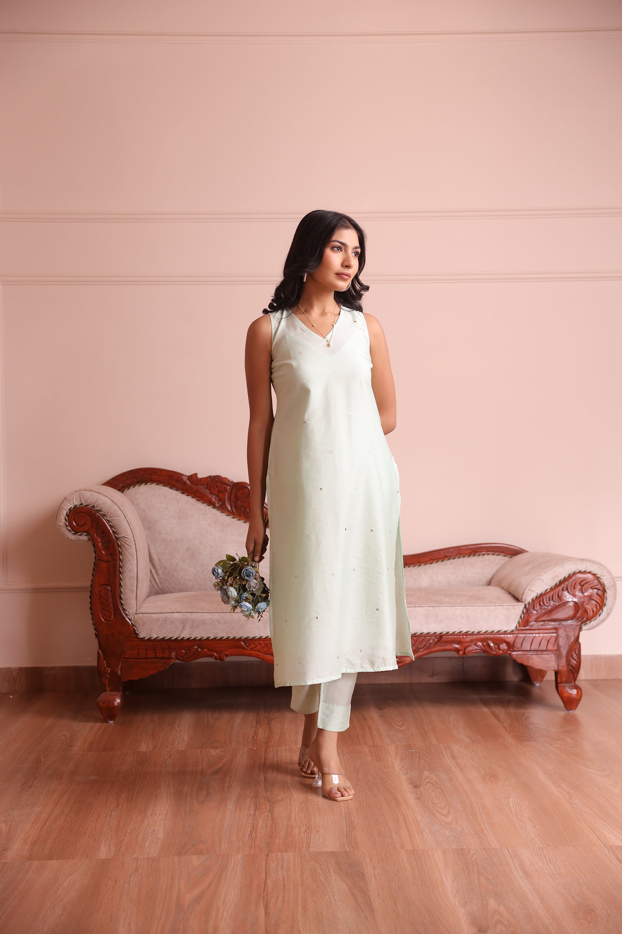 Pista Chanderi Embroidered Straight Set  - Asrumo