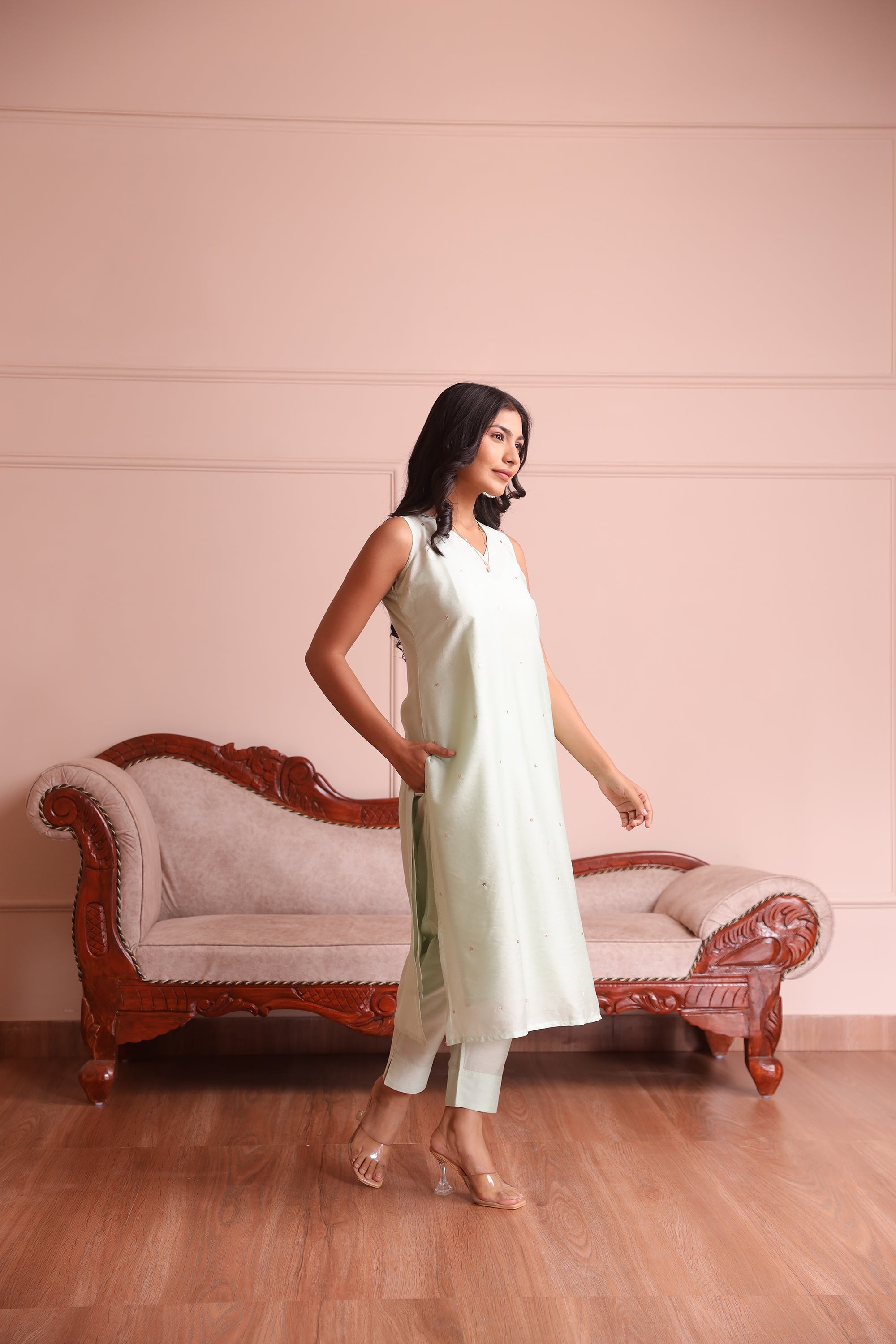 Pista Chanderi Embroidered Straight Set  - Asrumo