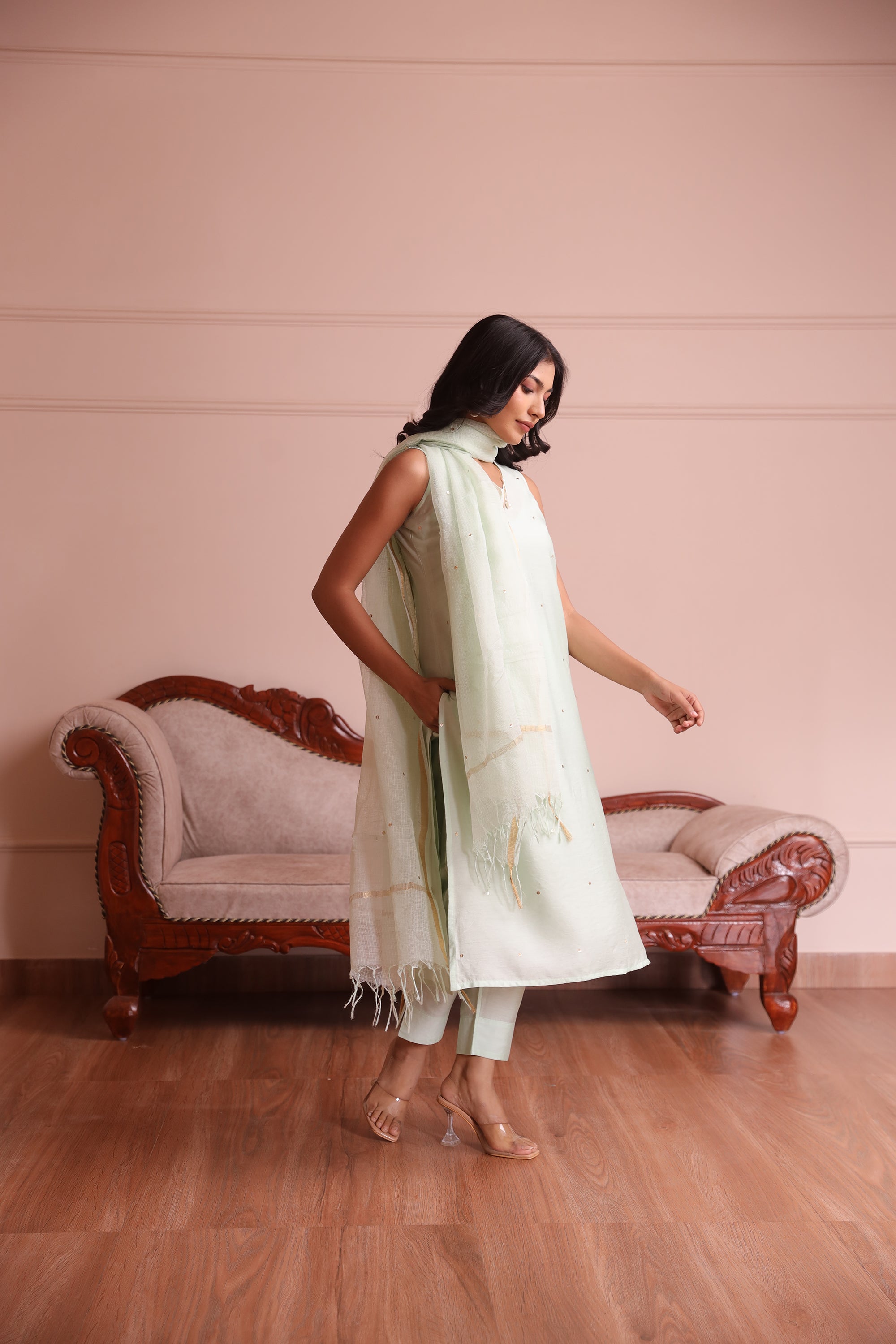 Pista Chanderi Embroidered Straight Set  - Asrumo