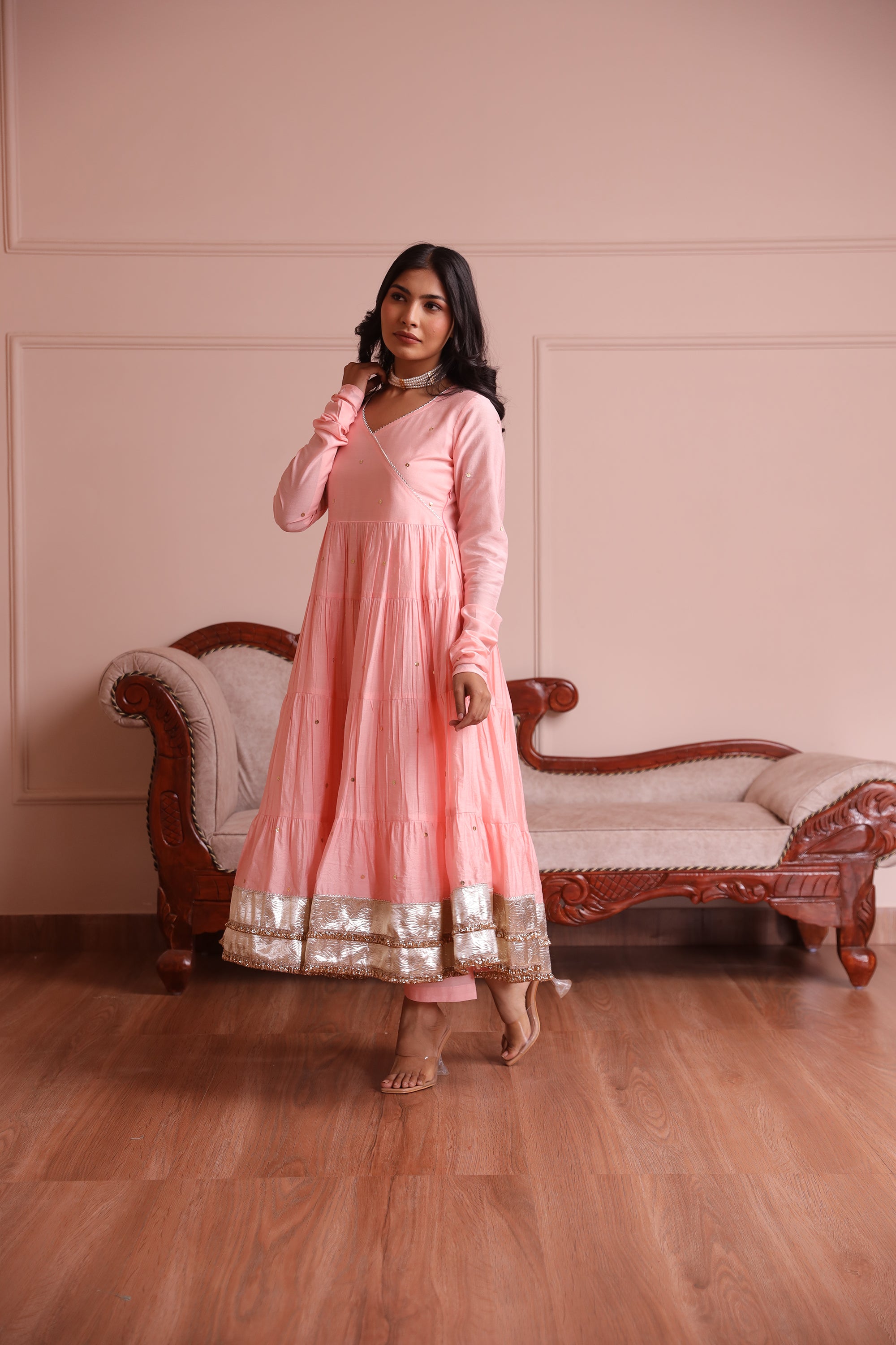 Light Pink Embroidered Chanderi Anarkali Set - Asrumo