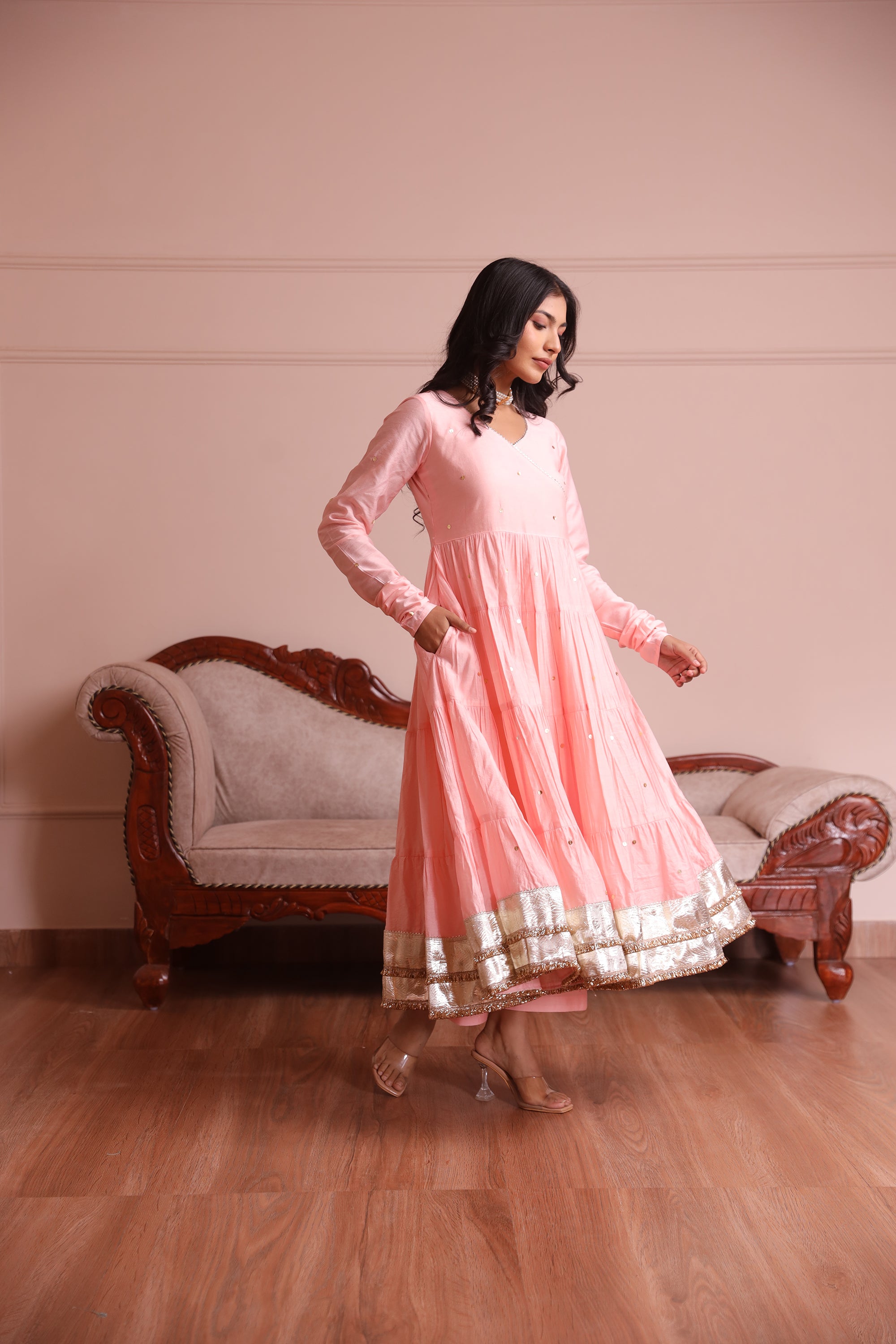 Light Pink Embroidered Chanderi Anarkali Set - Asrumo