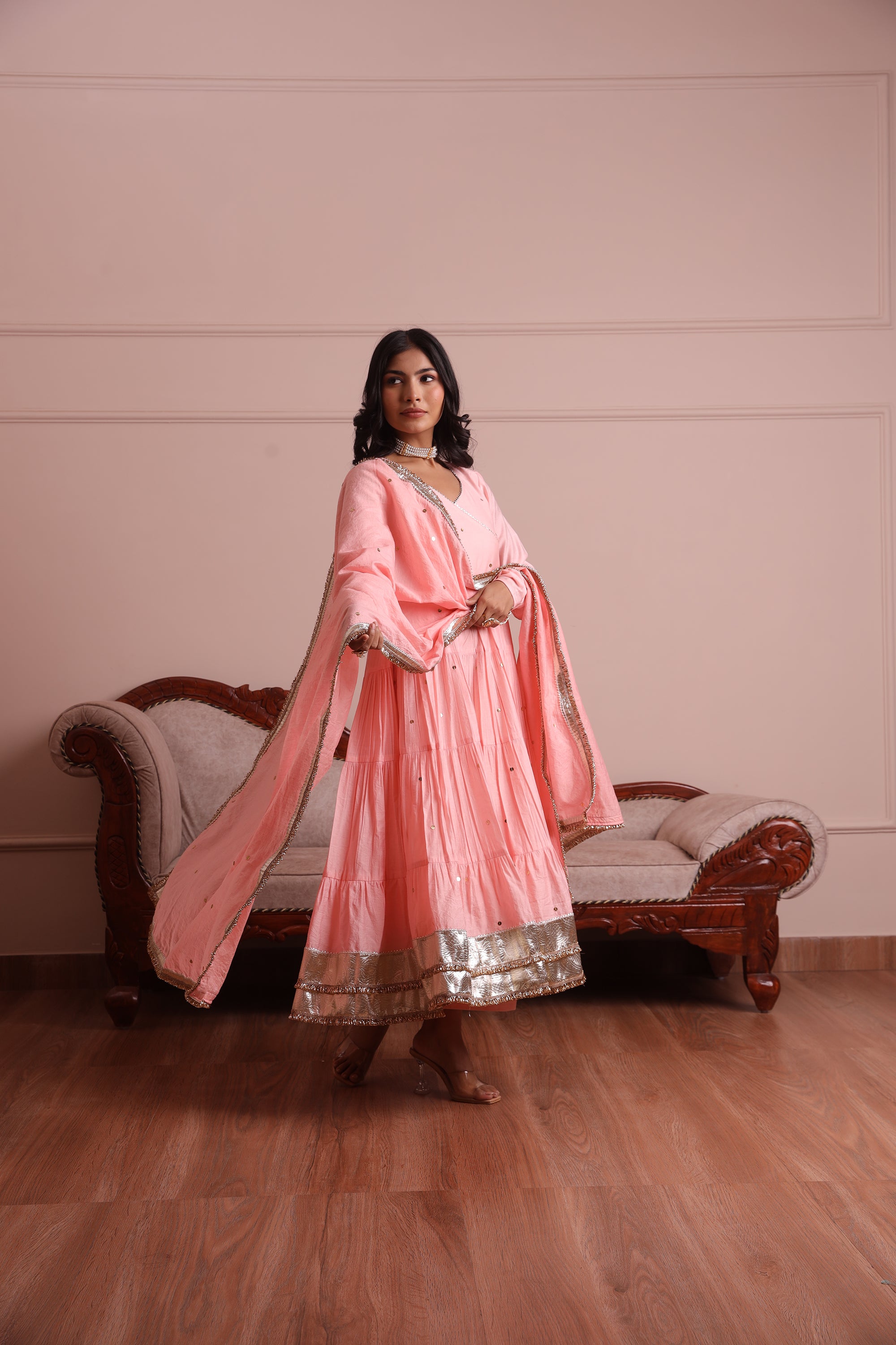 Light Pink Embroidered Chanderi Anarkali Set - Asrumo