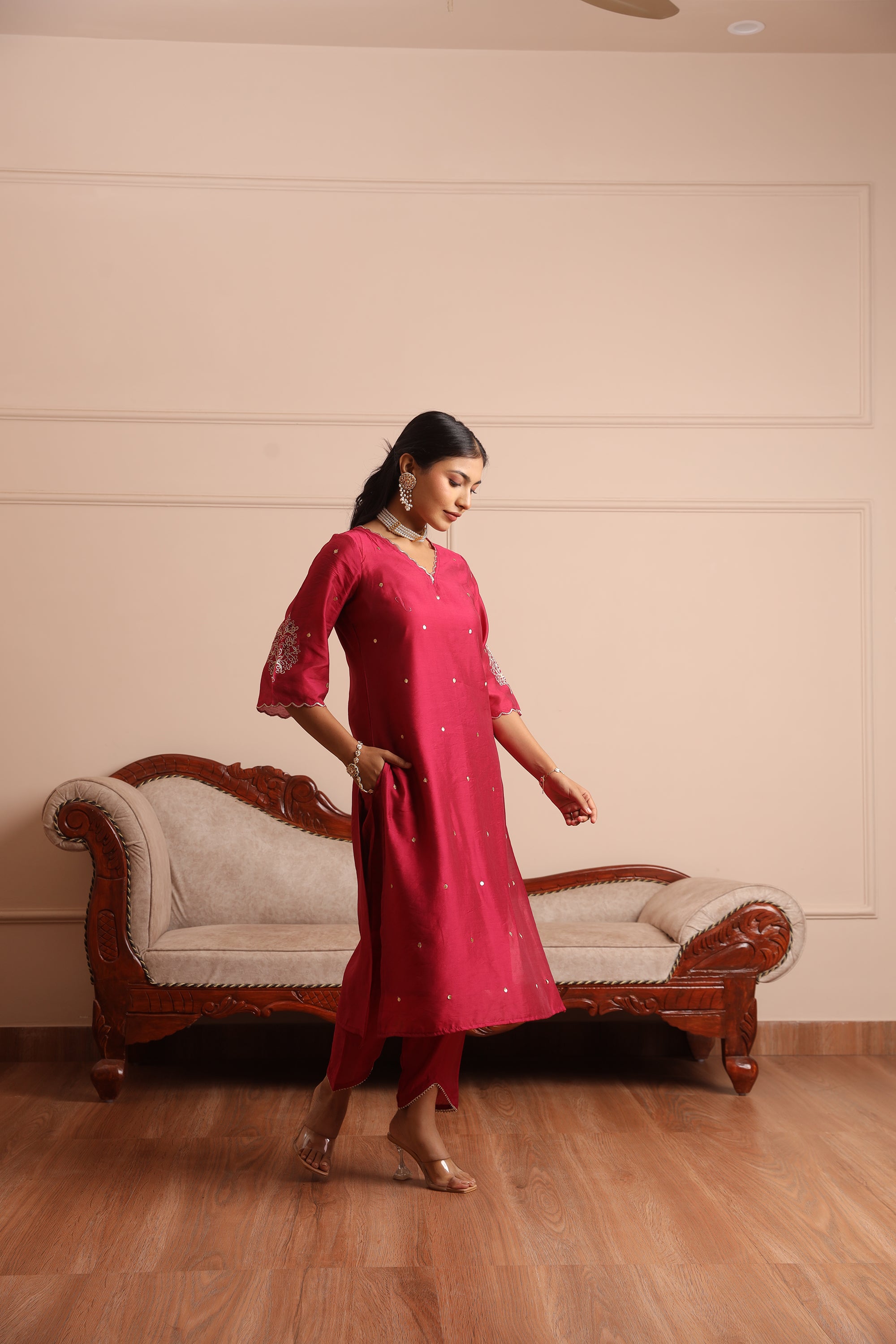 Magenta Embroidered Straight Set  - Asrumo