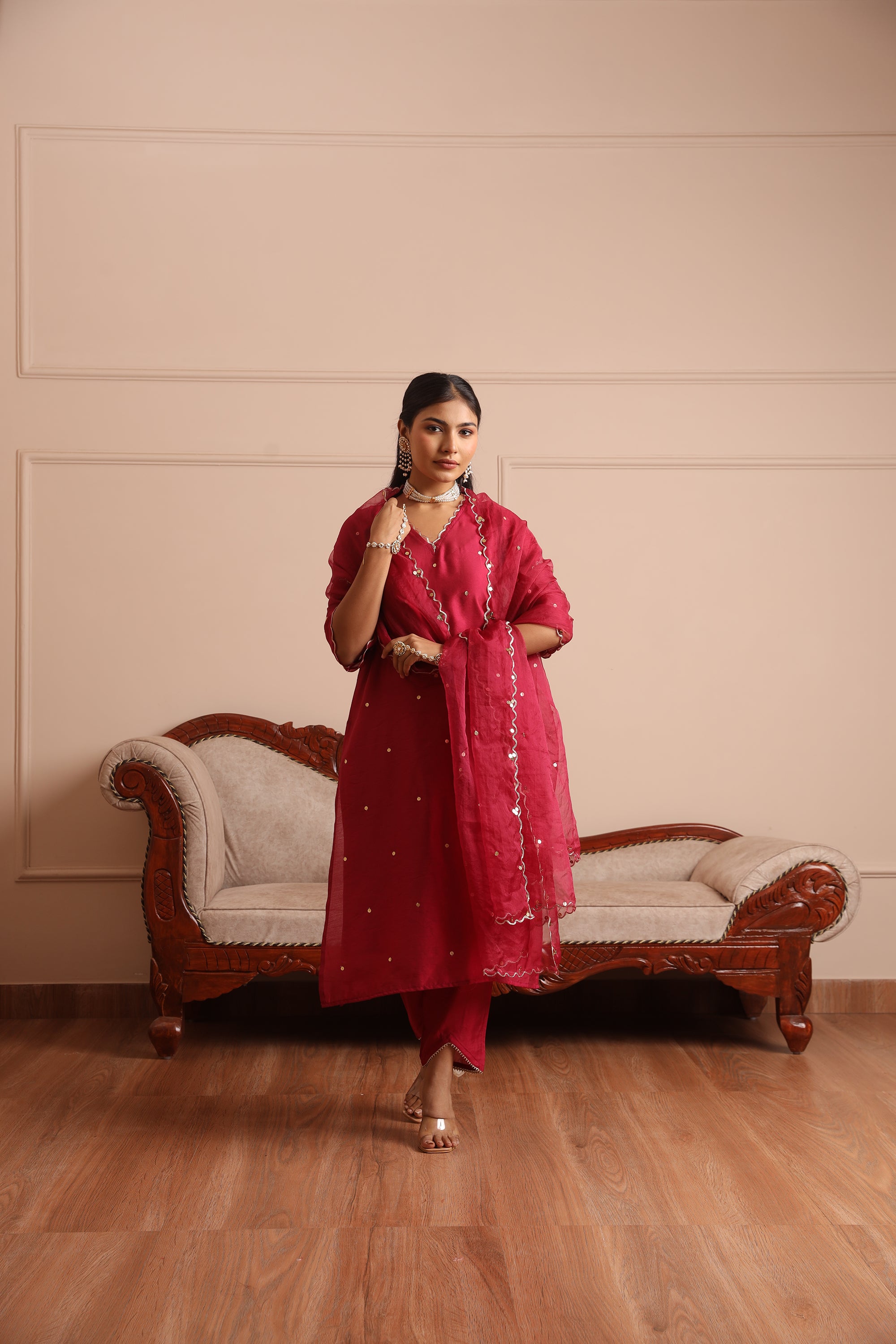 Magenta Embroidered Straight Set  - Asrumo