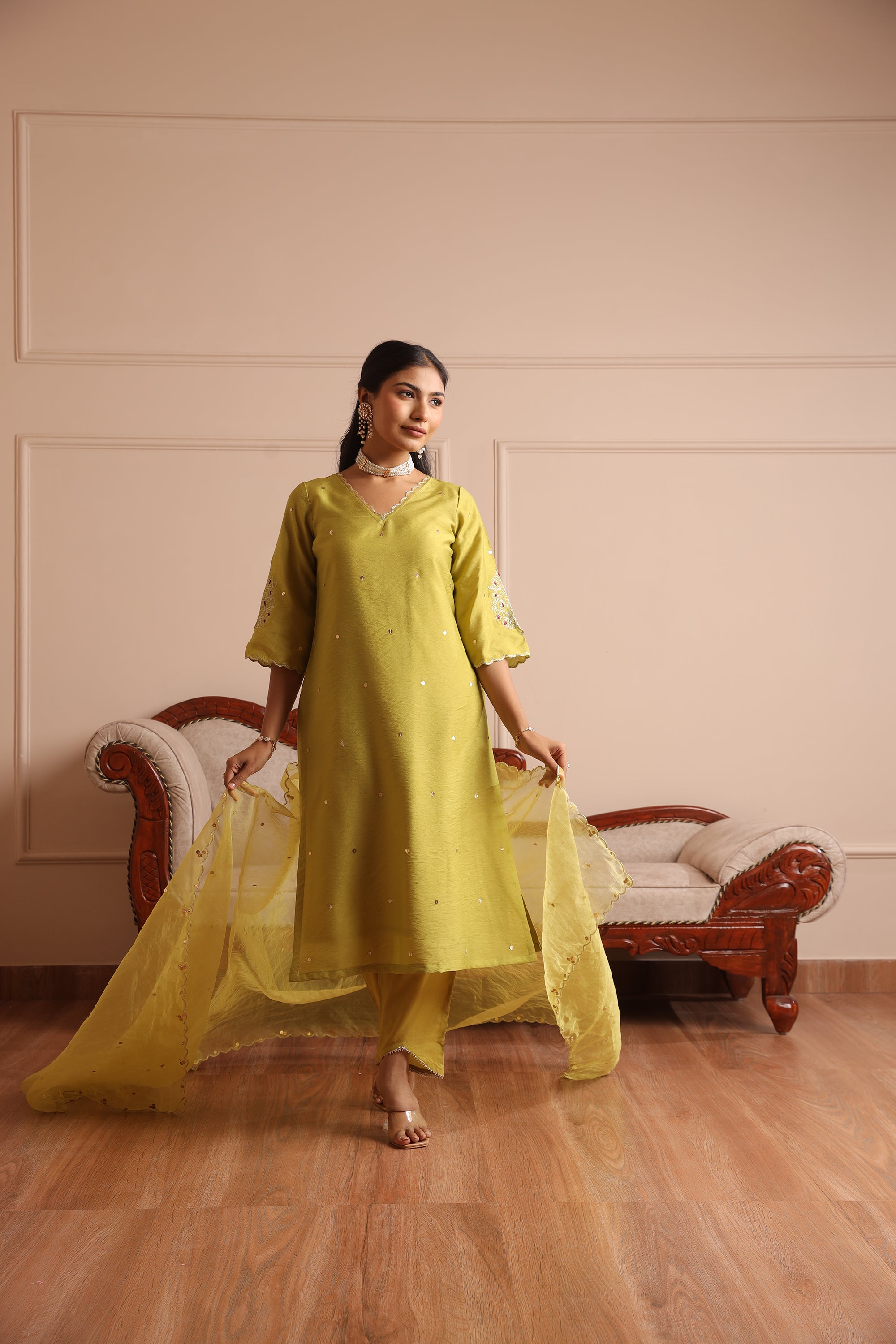 Lime Green Chanderi Embroidered Straight Set - Asrumo