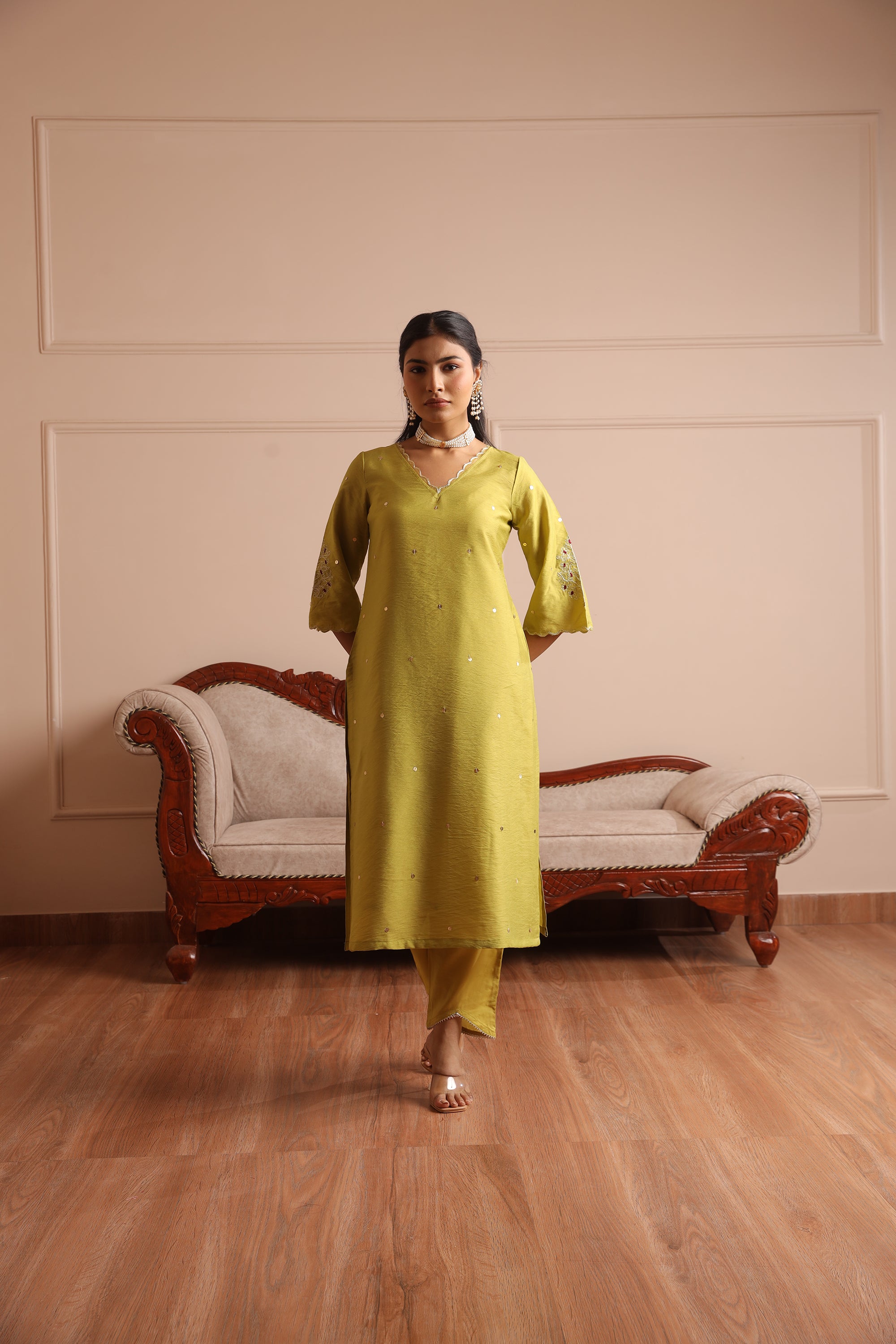 Lime Green Chanderi Embroidered Straight Set - Asrumo