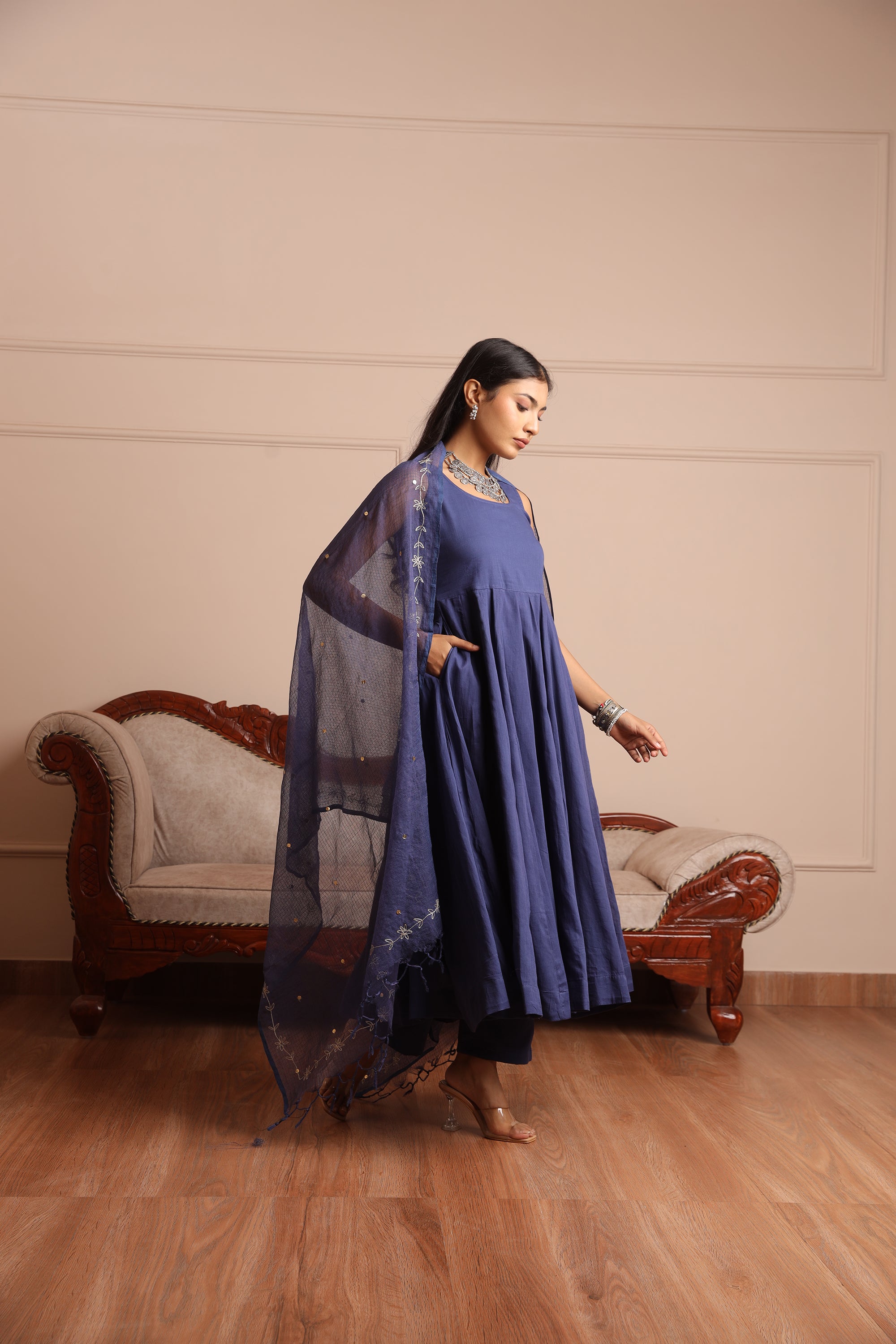 Blue Mulmul Anarkali Set - Asrumo
