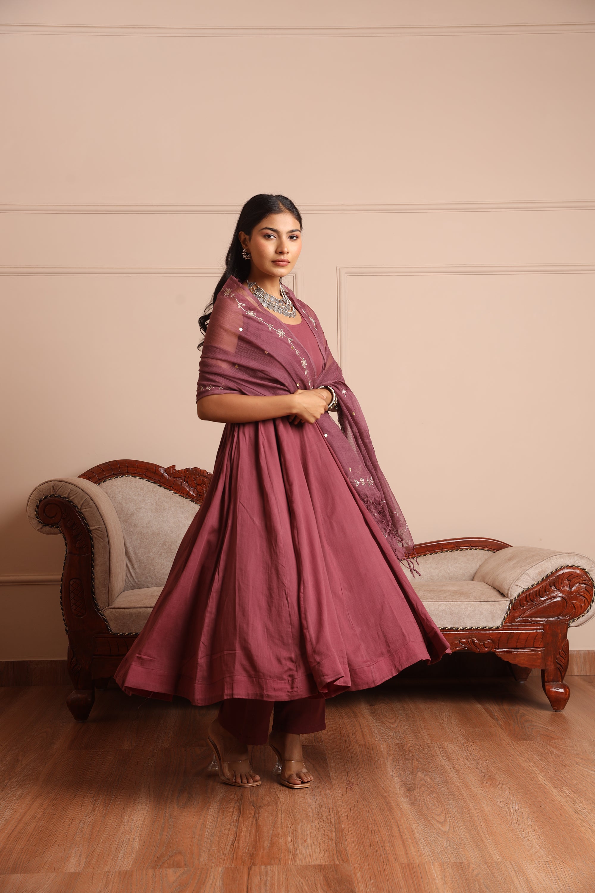 Wine Mulmul Anarkali Set - Asrumo