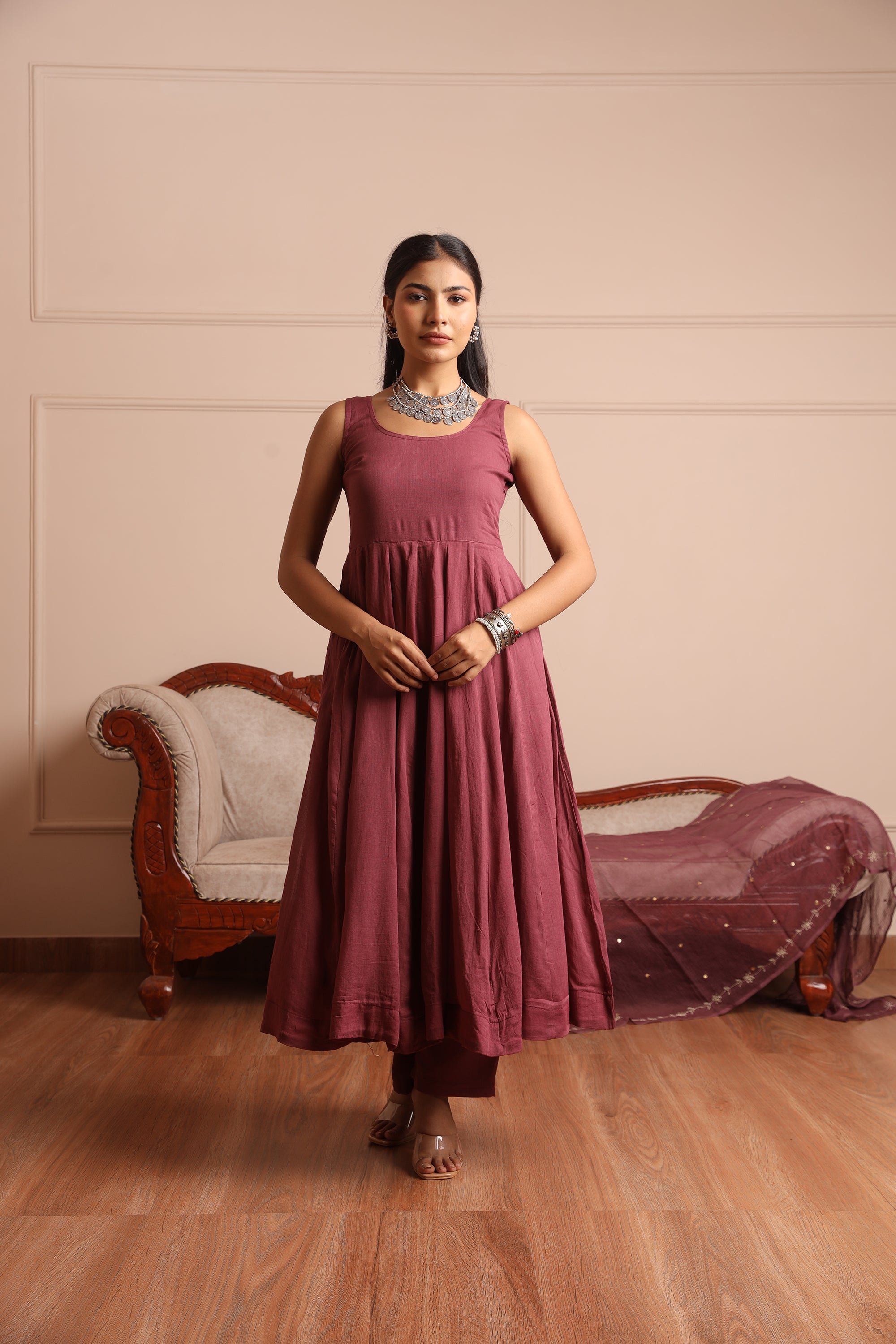 Wine Mulmul Anarkali Set - Asrumo