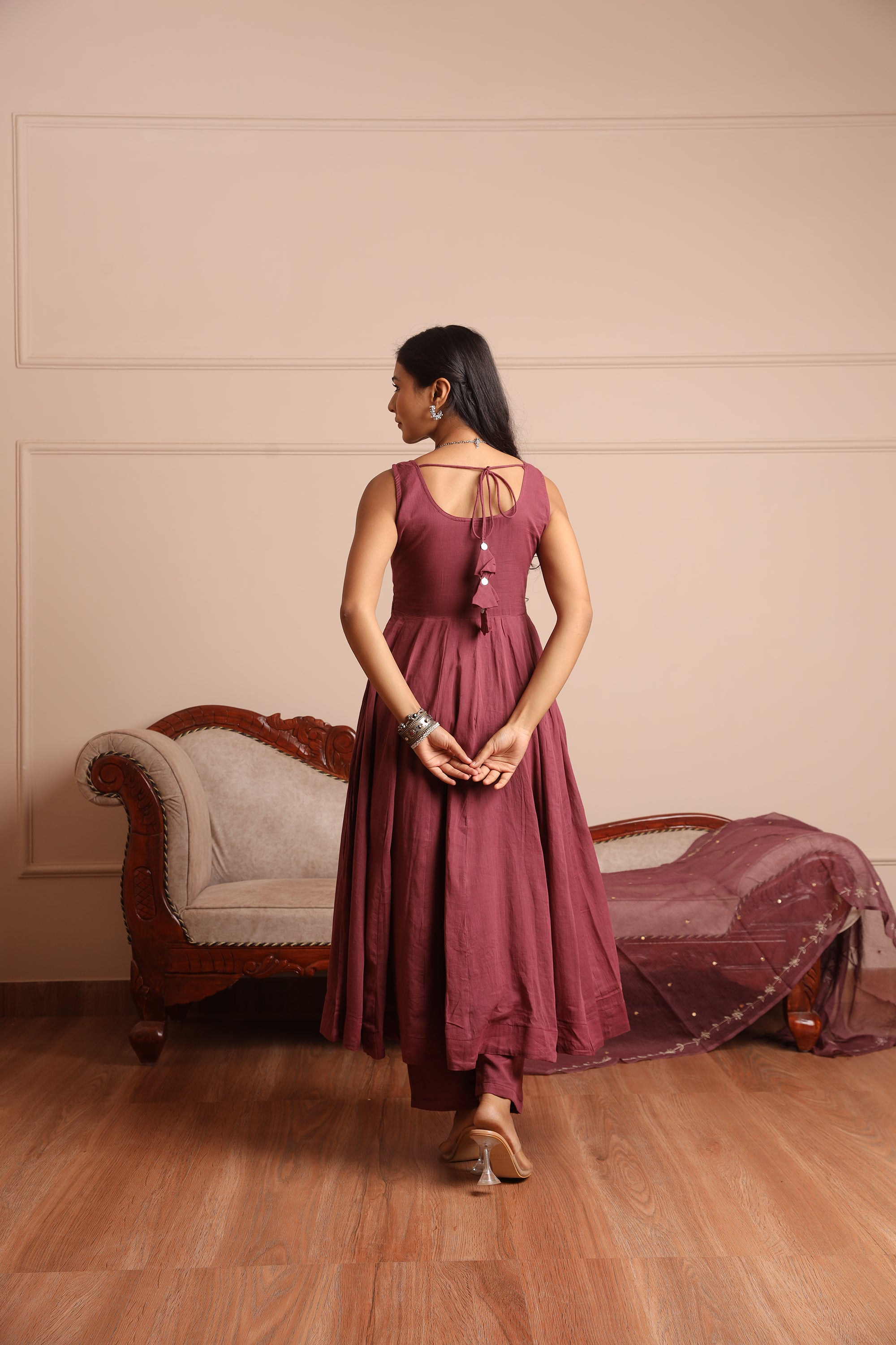 Wine Mulmul Anarkali Set - Asrumo