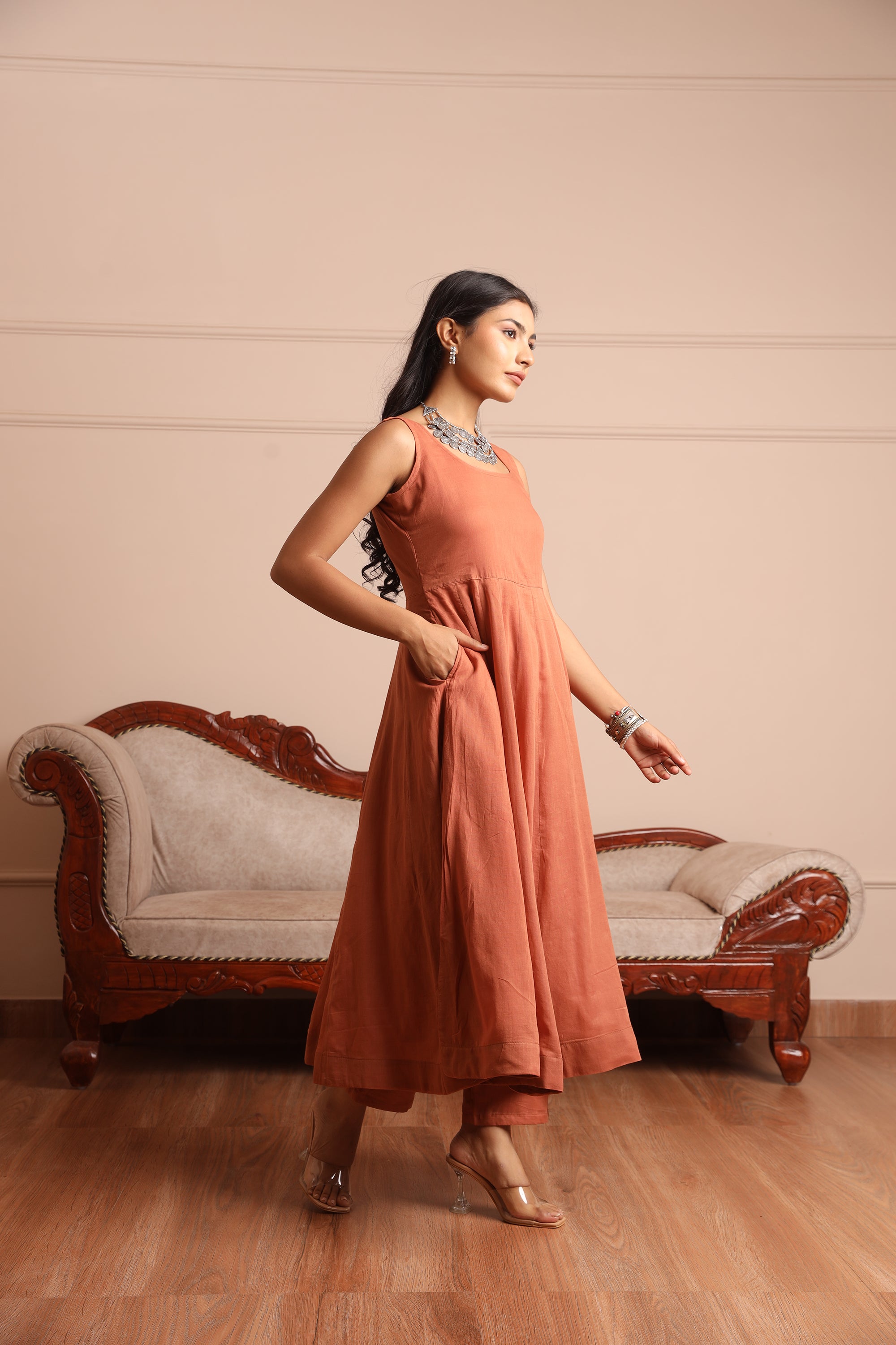 Brown Mulmul Anarkali Set  - Asrumo