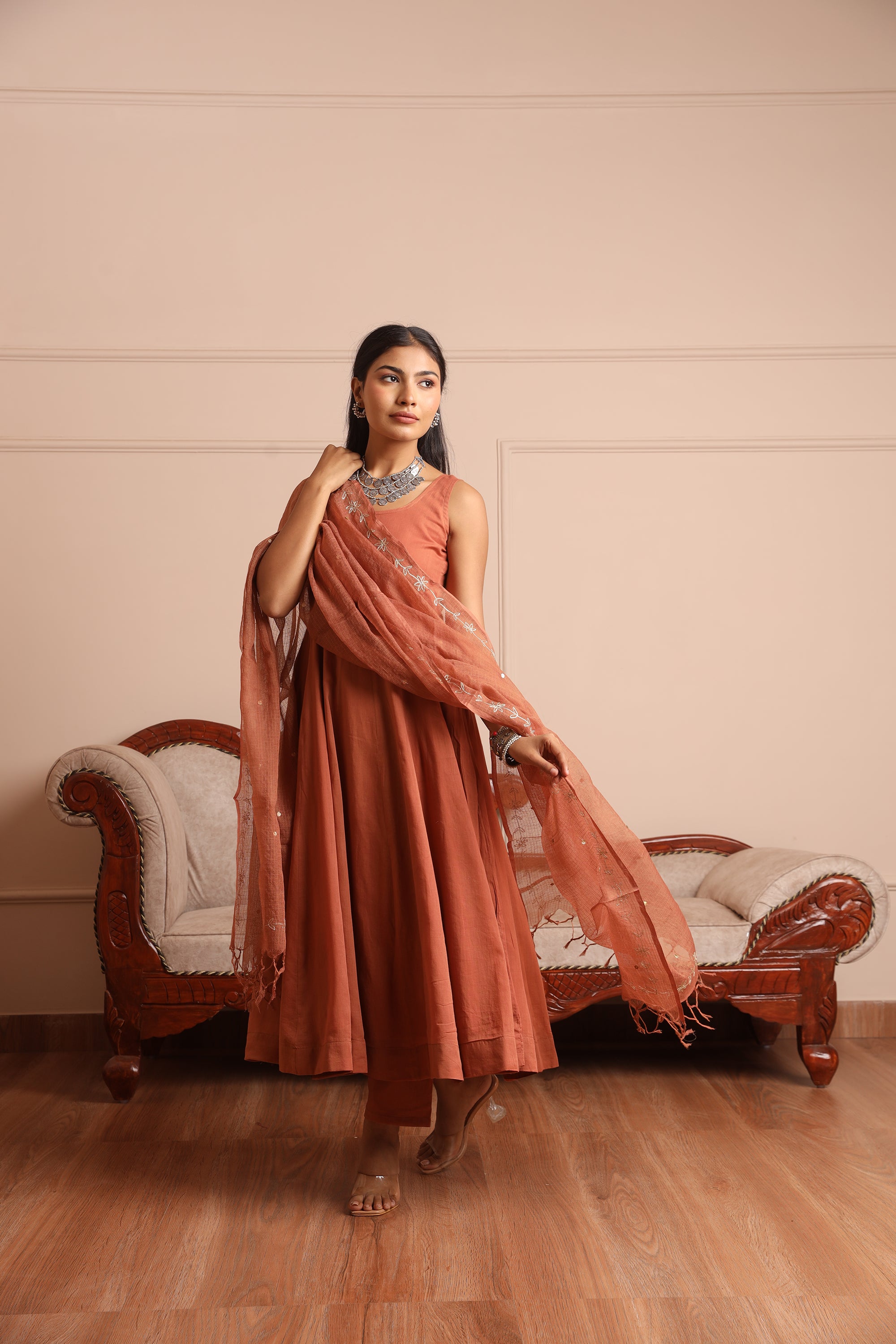 Brown Mulmul Anarkali Set  - Asrumo