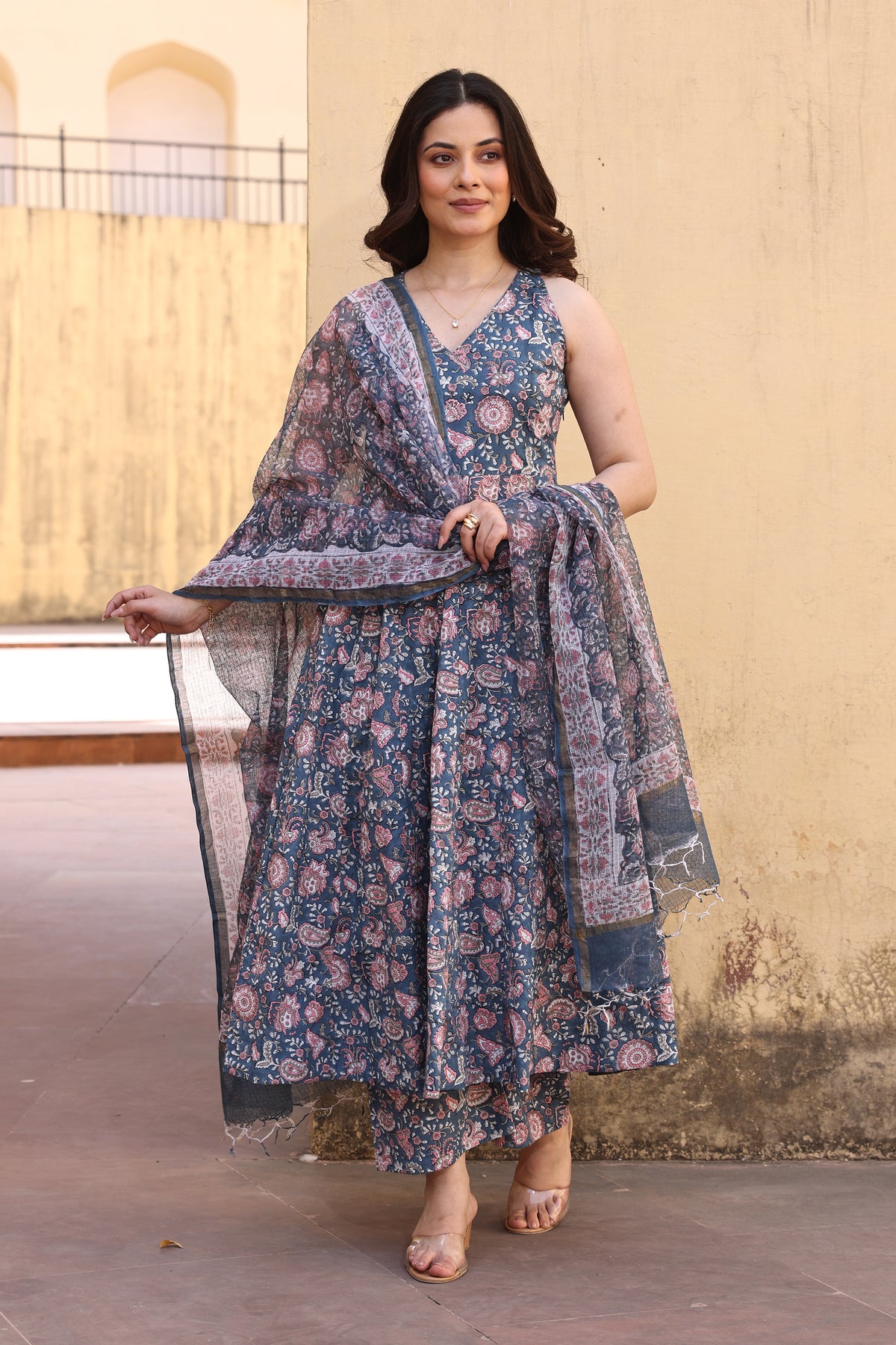 Peach Tara Mirror Work Chanderi Anarkali Set