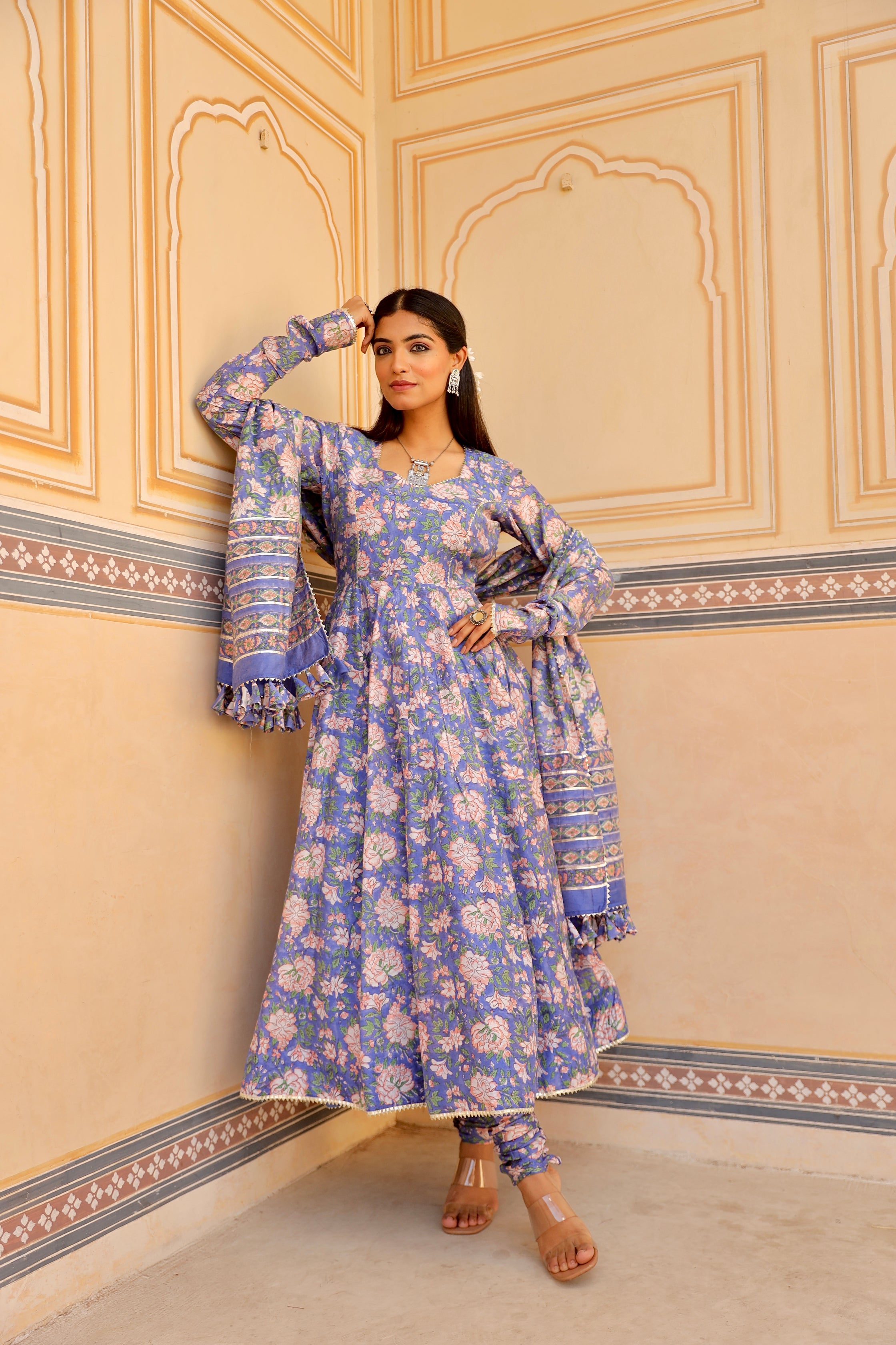 Blue flower print handblock chanderi anarkali set Asrumo