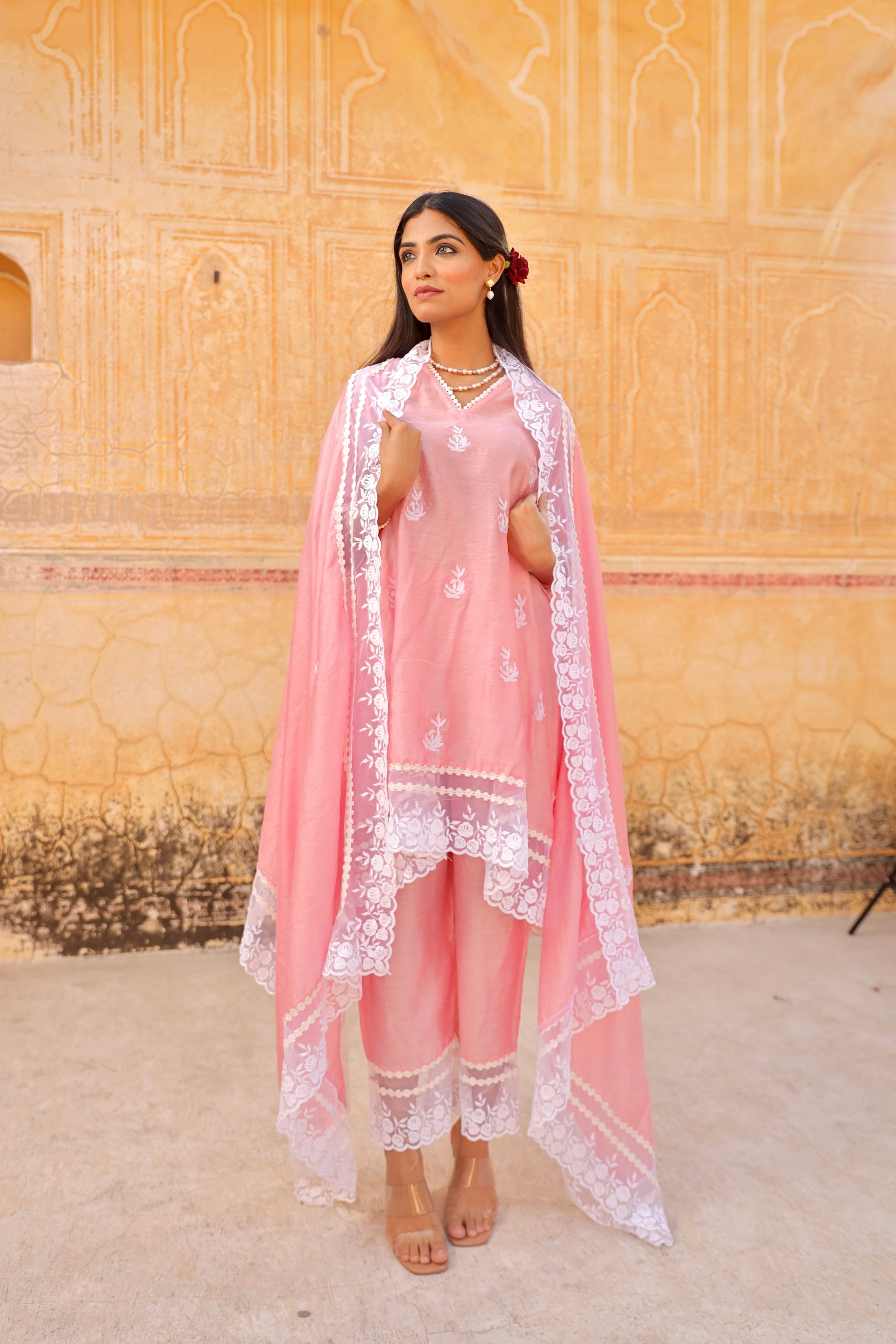 Pink aari embroidery lace detailing A-line set Asrumo