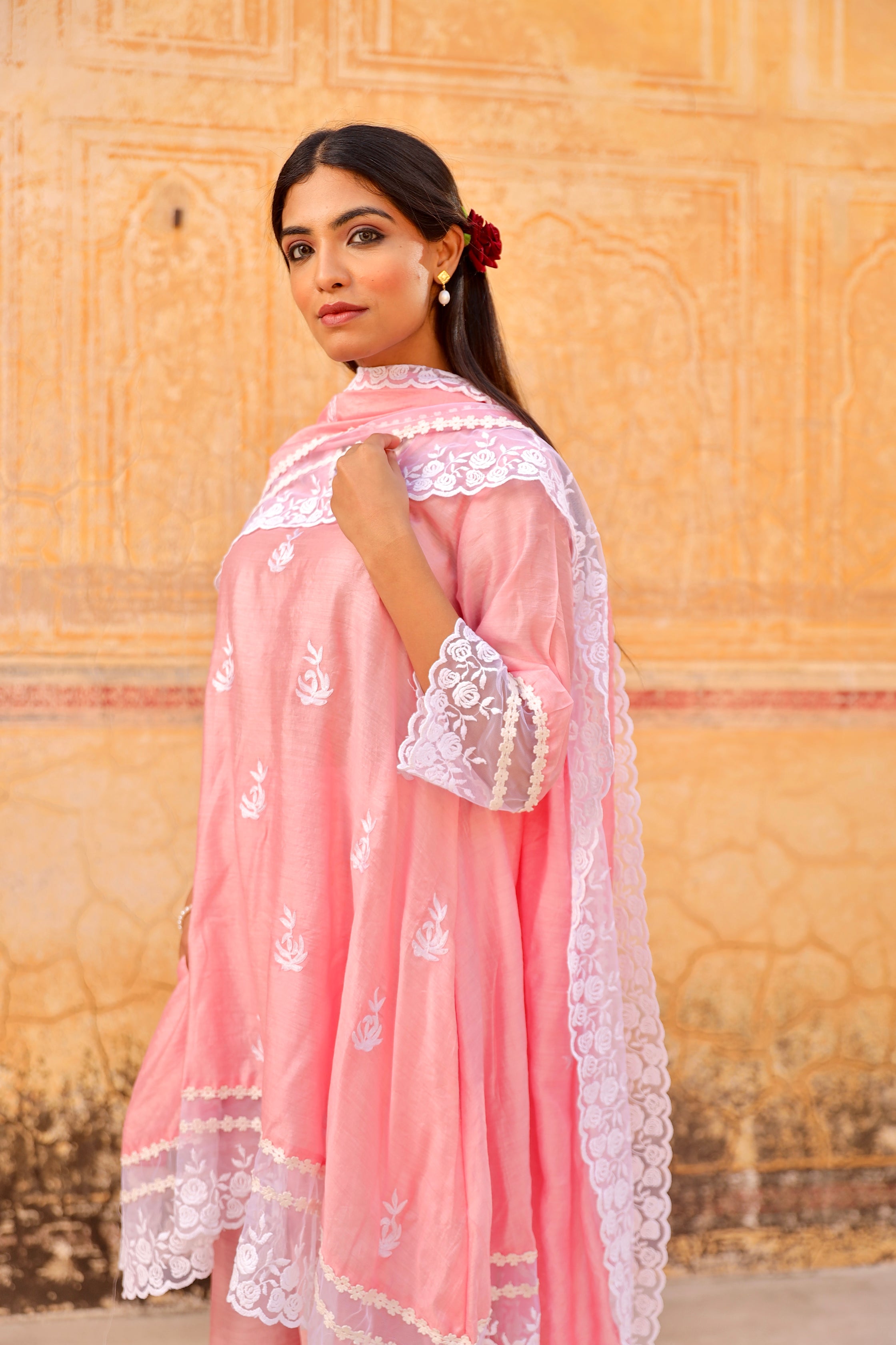 Pink aari embroidery lace detailing A-line set Asrumo