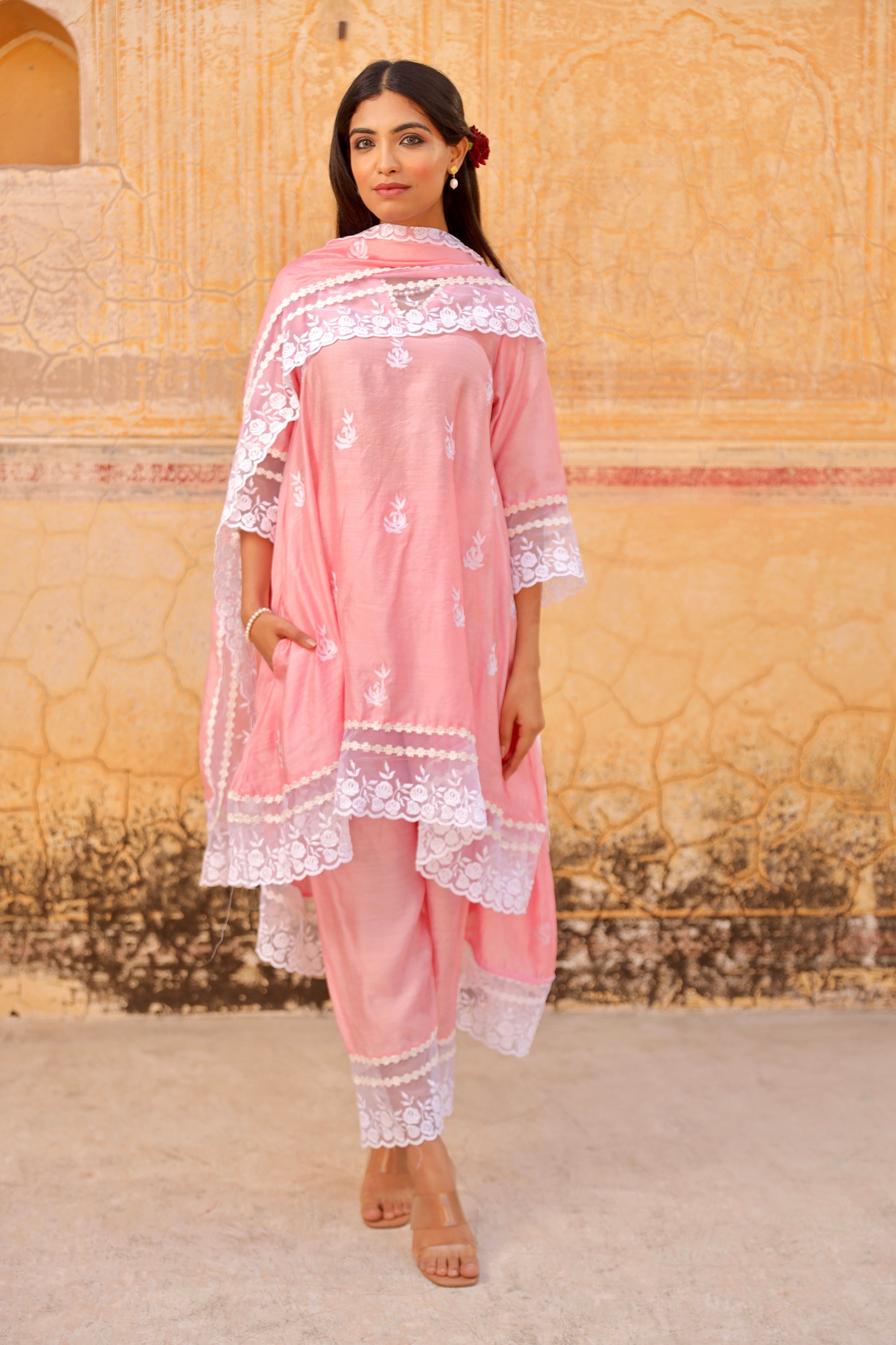 Pink aari embroidery lace detailing A-line set Asrumo