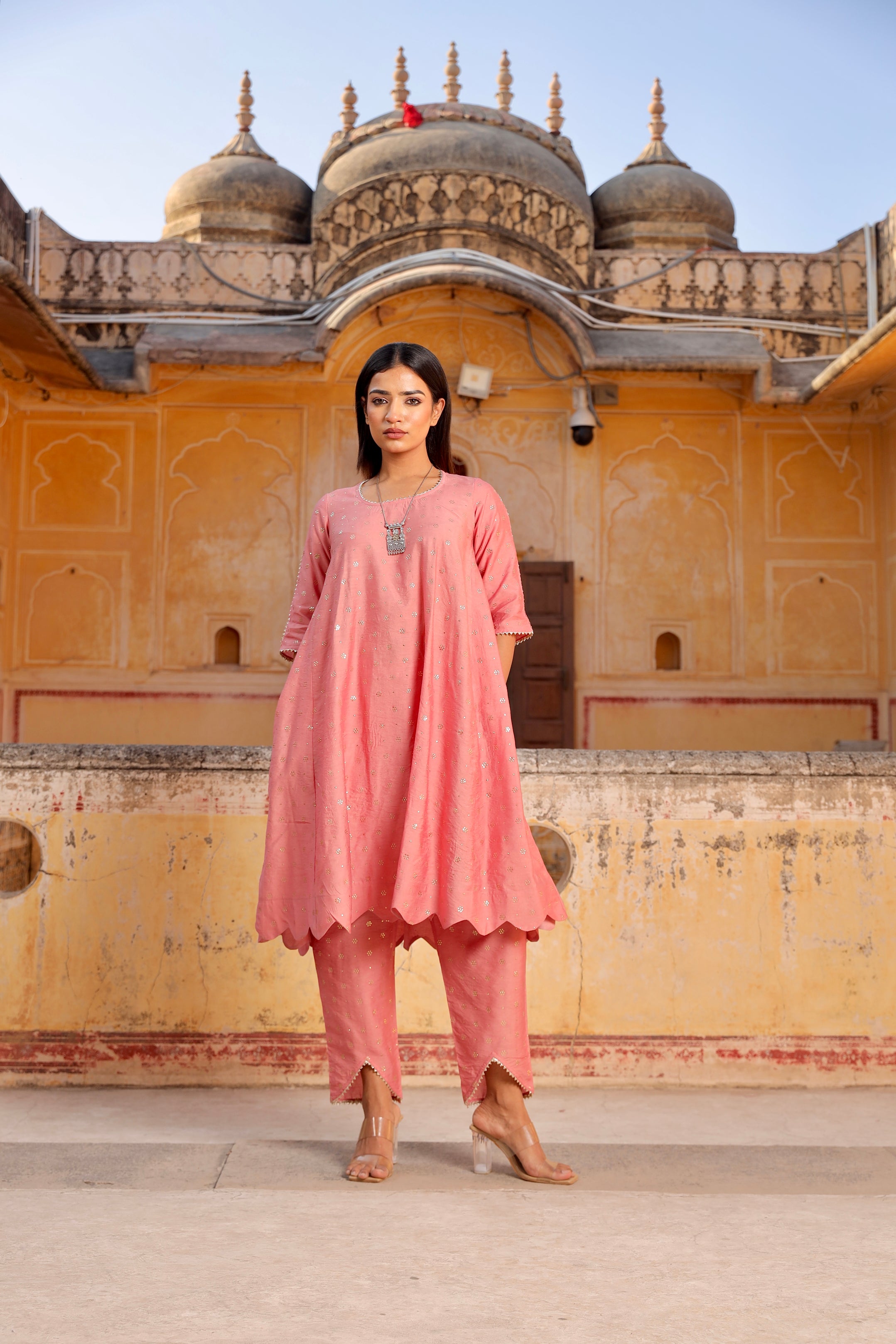 pink Mukaish work chanderi scalloped kurta set Asrumo