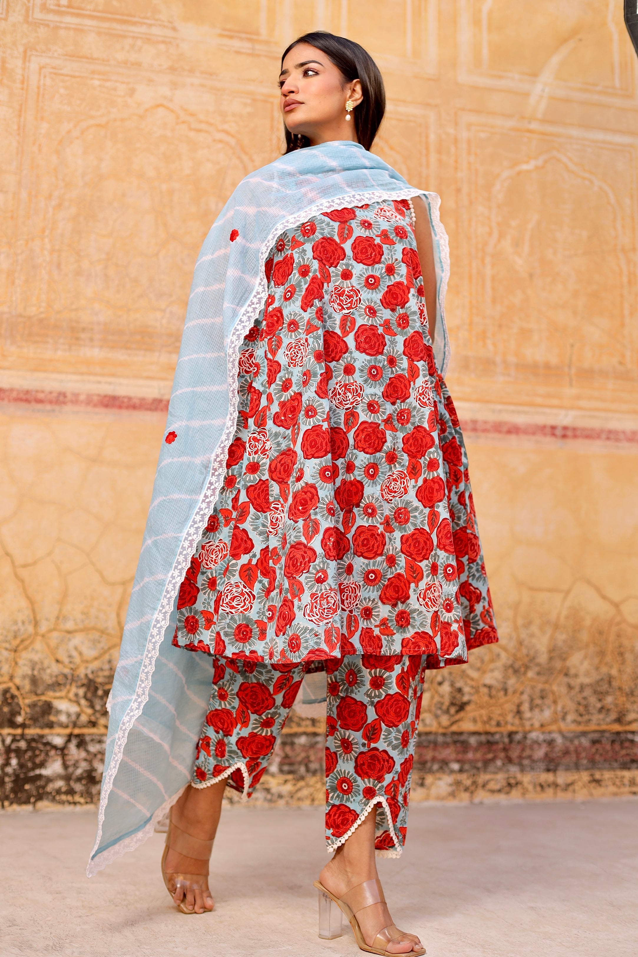Red flower handblock cotton straight set with lehriya dupatta Asrumo