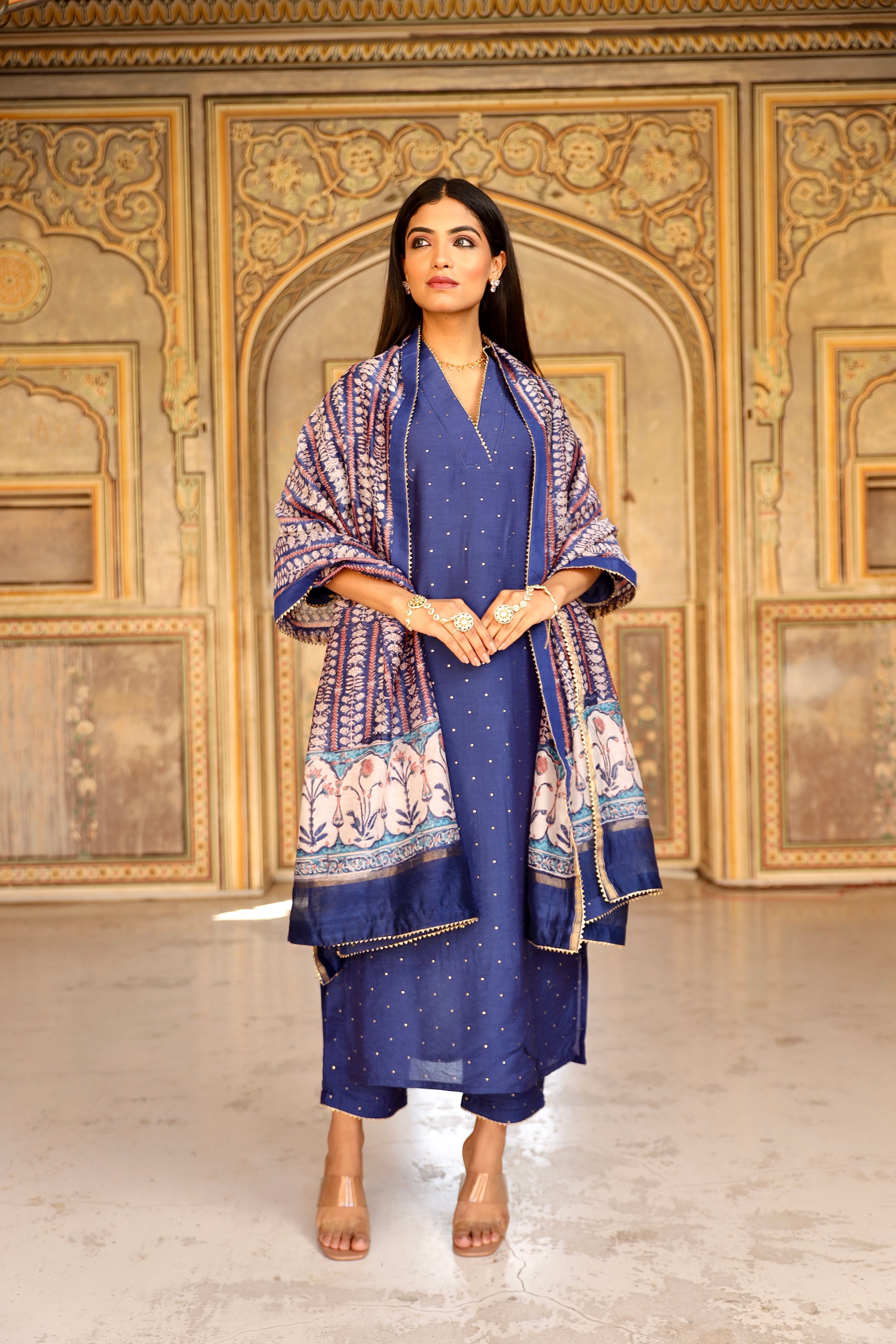 Blue mukaish work chanderi straight set Asrumo