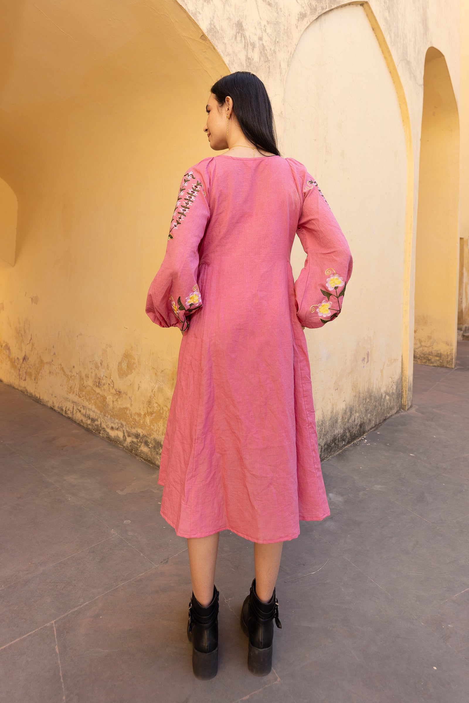 Pink Linen Blend Hand-Embroidered Dress