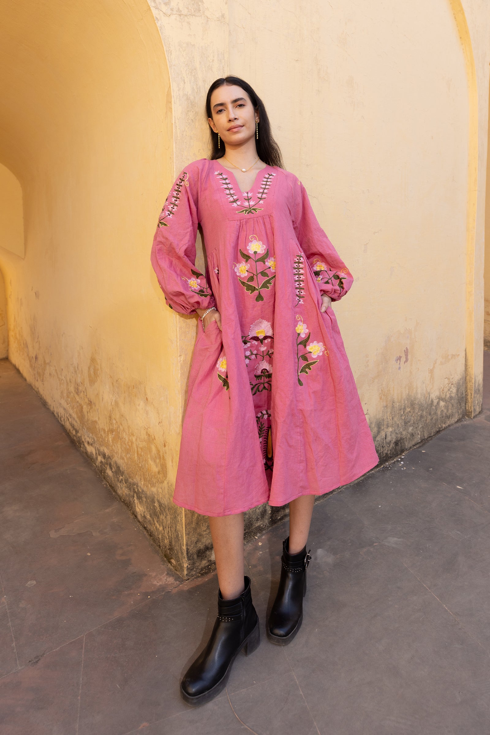 Pink Linen Blend Hand-Embroidered Dress