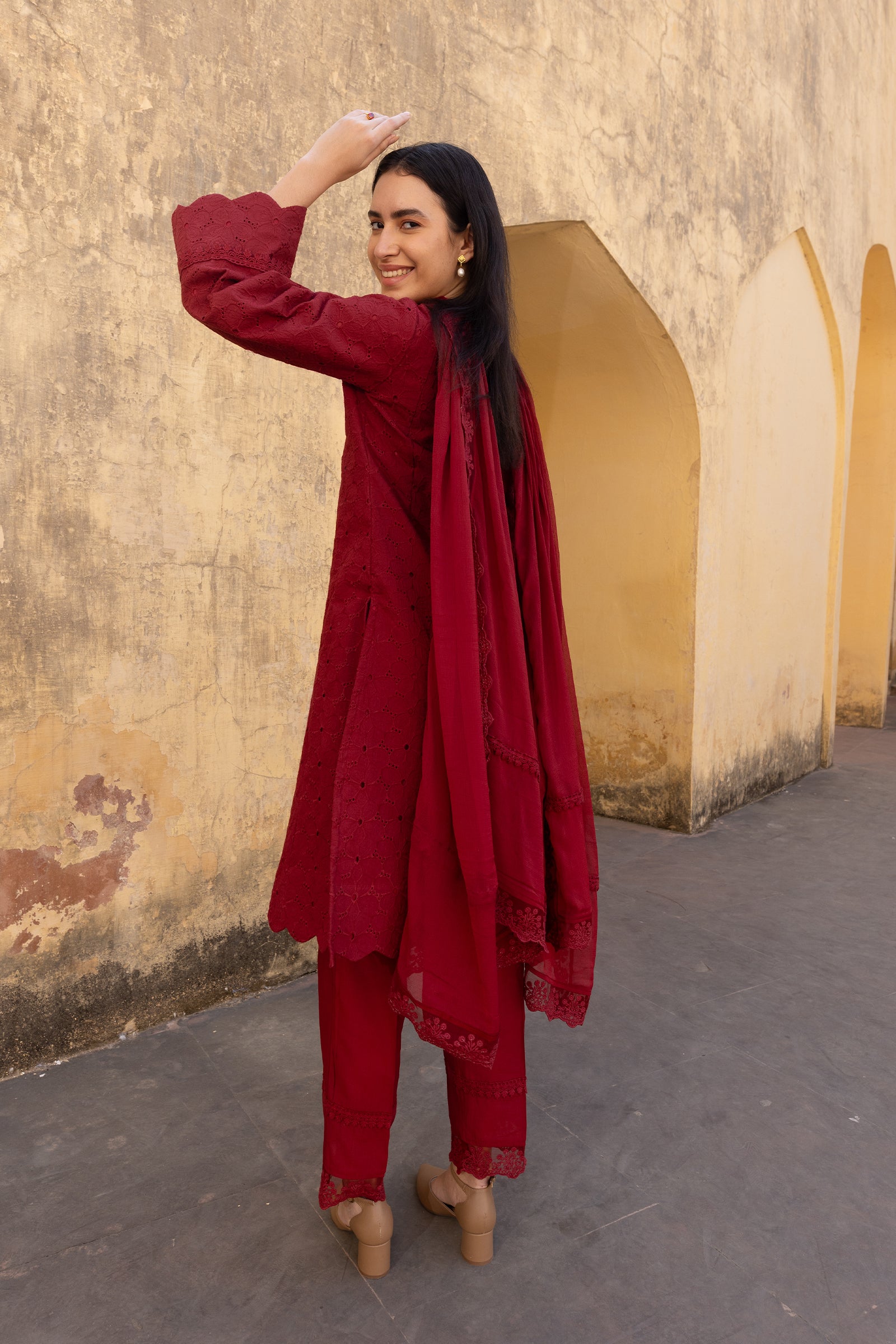 red cotton schiffli straight A-Line suit - embroidered kurta set