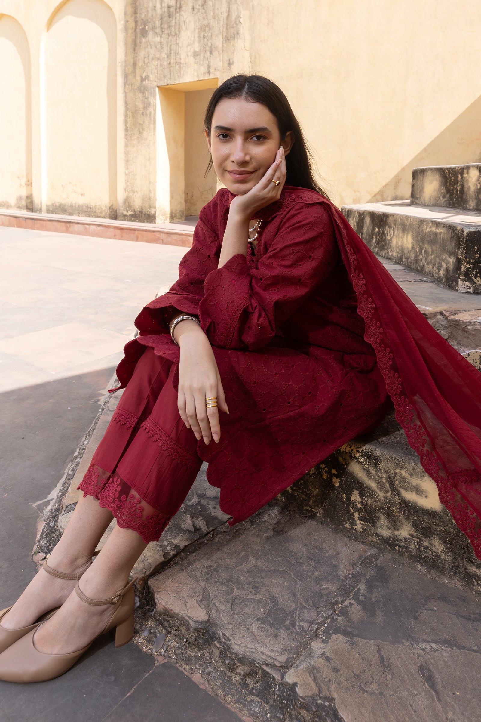 red cotton schiffli straight A-Line suit - embroidered kurta set