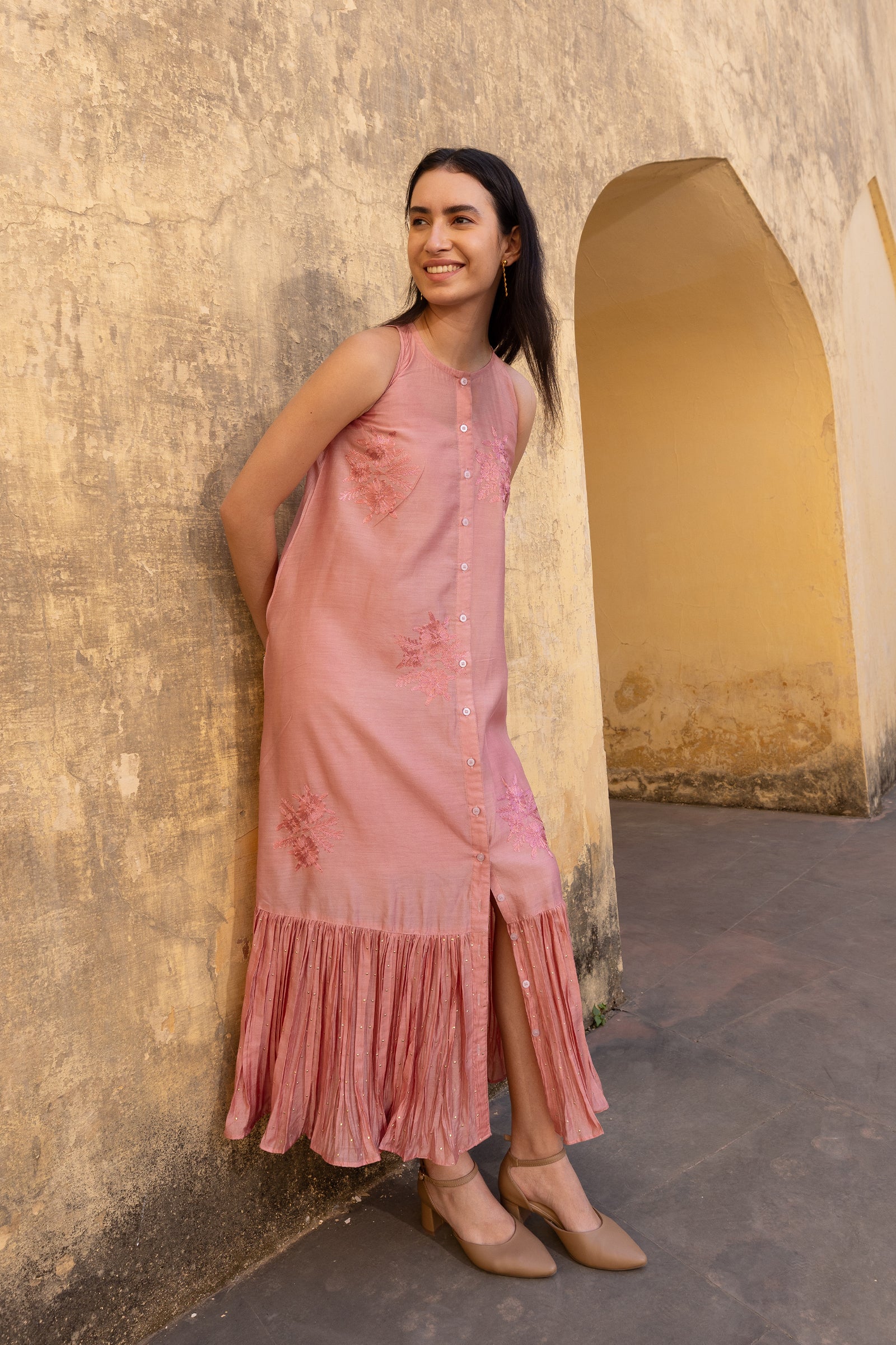 Pink Chanderi Frilled Dress