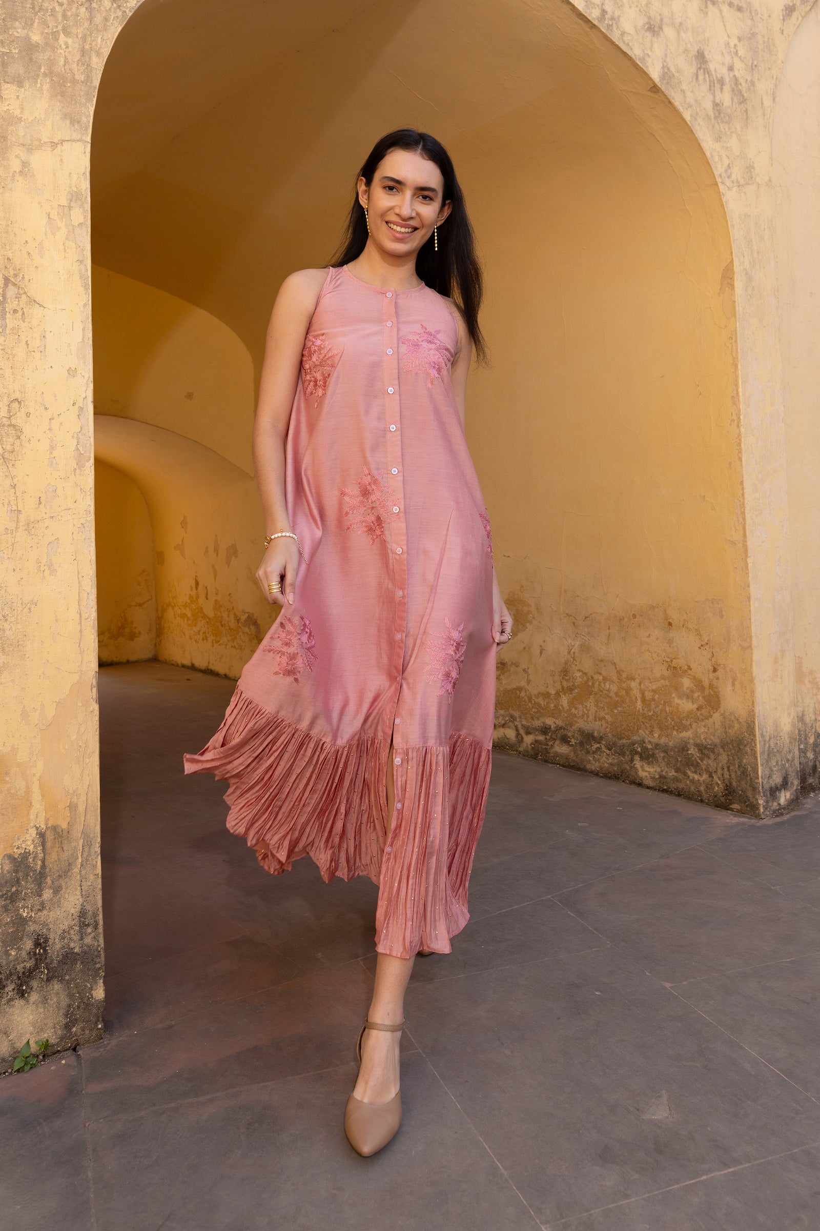 Pink Chanderi Frilled Dress