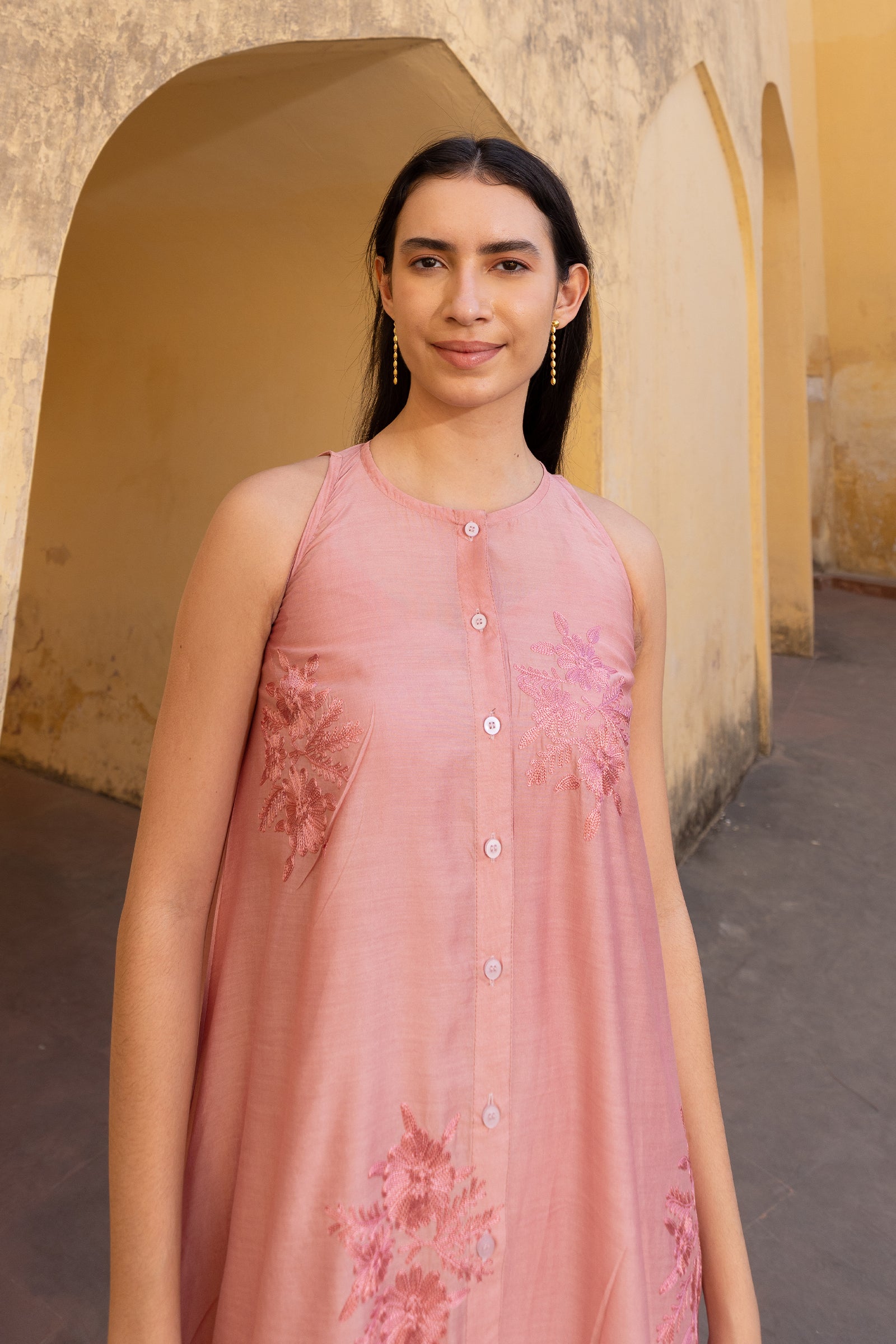 Pink Chanderi Frilled Dress