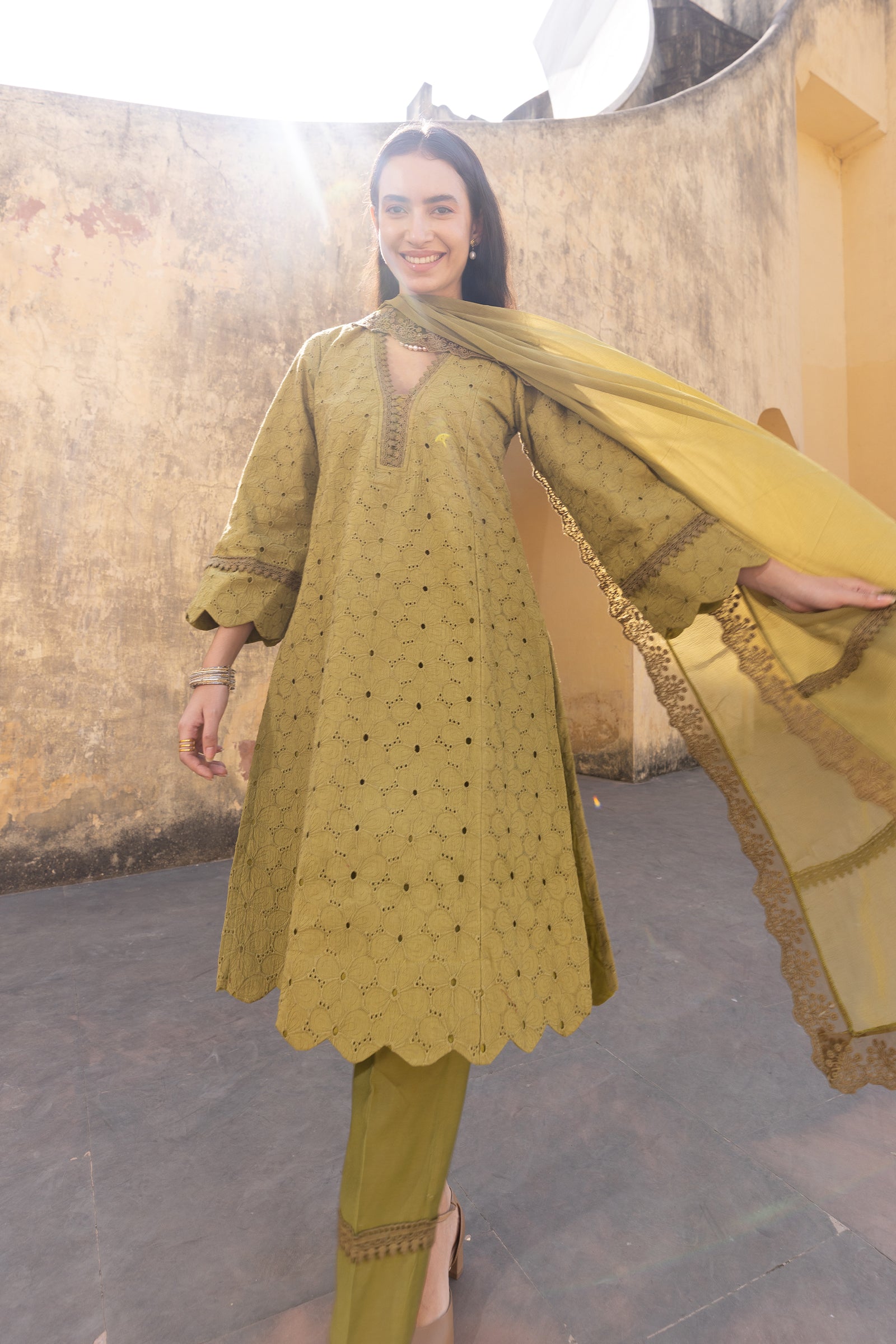 green embroidered kurti with dupatta - kurta set for women