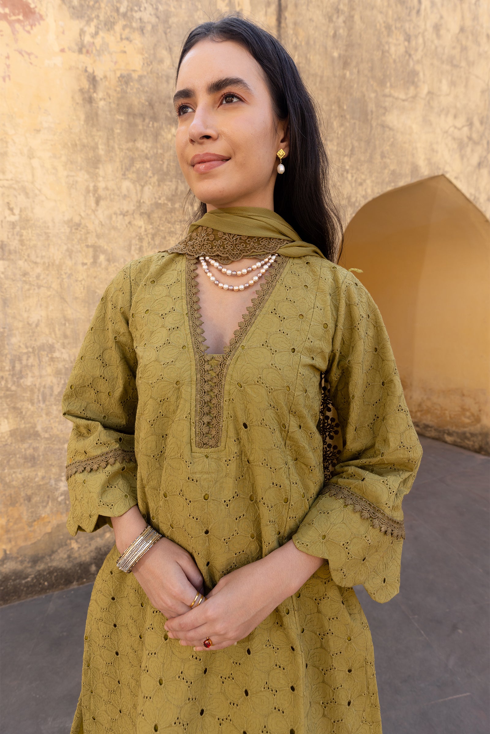 green embroidered kurti with dupatta - kurta set for women