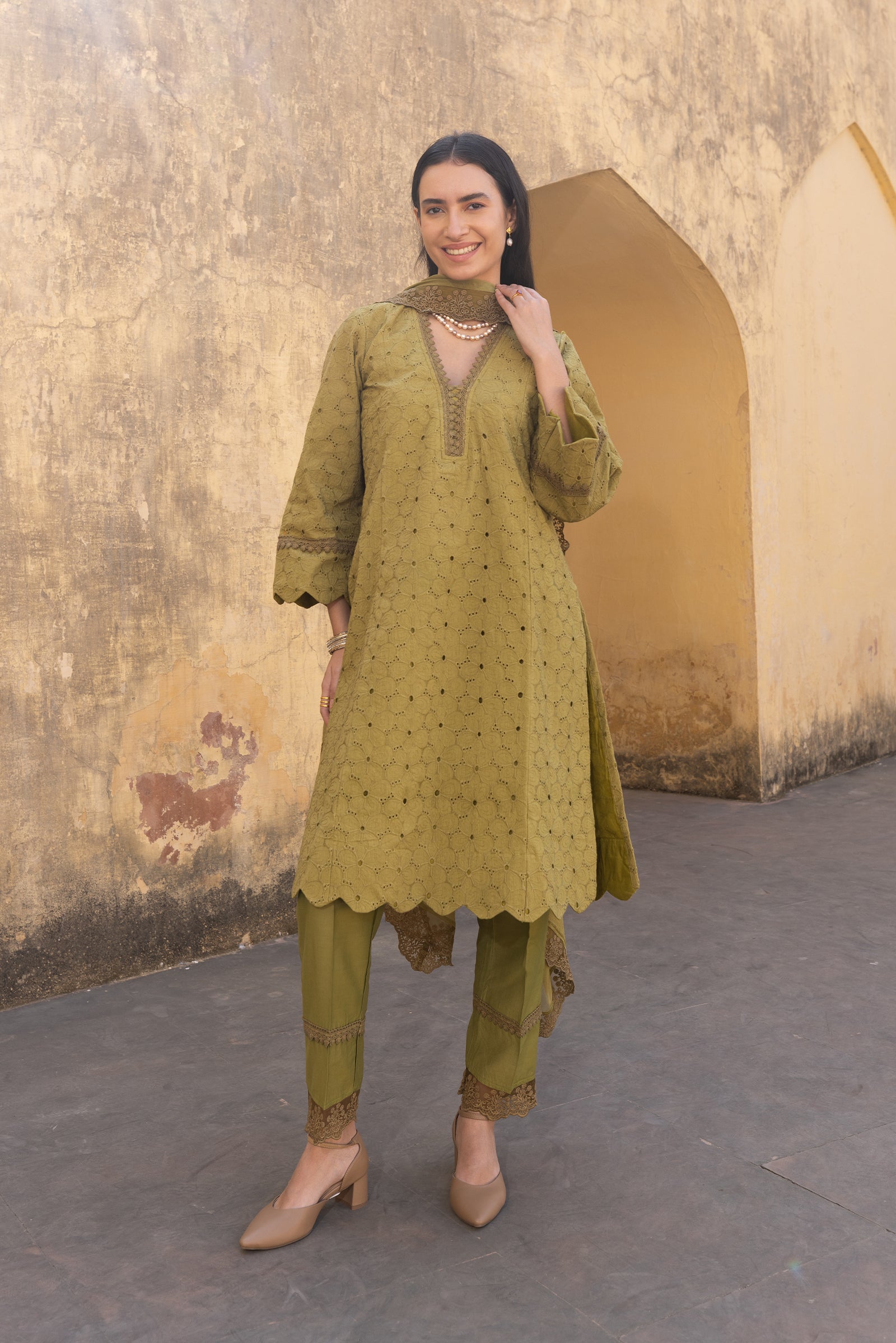 Green Embroidered Kurti With Dupatta