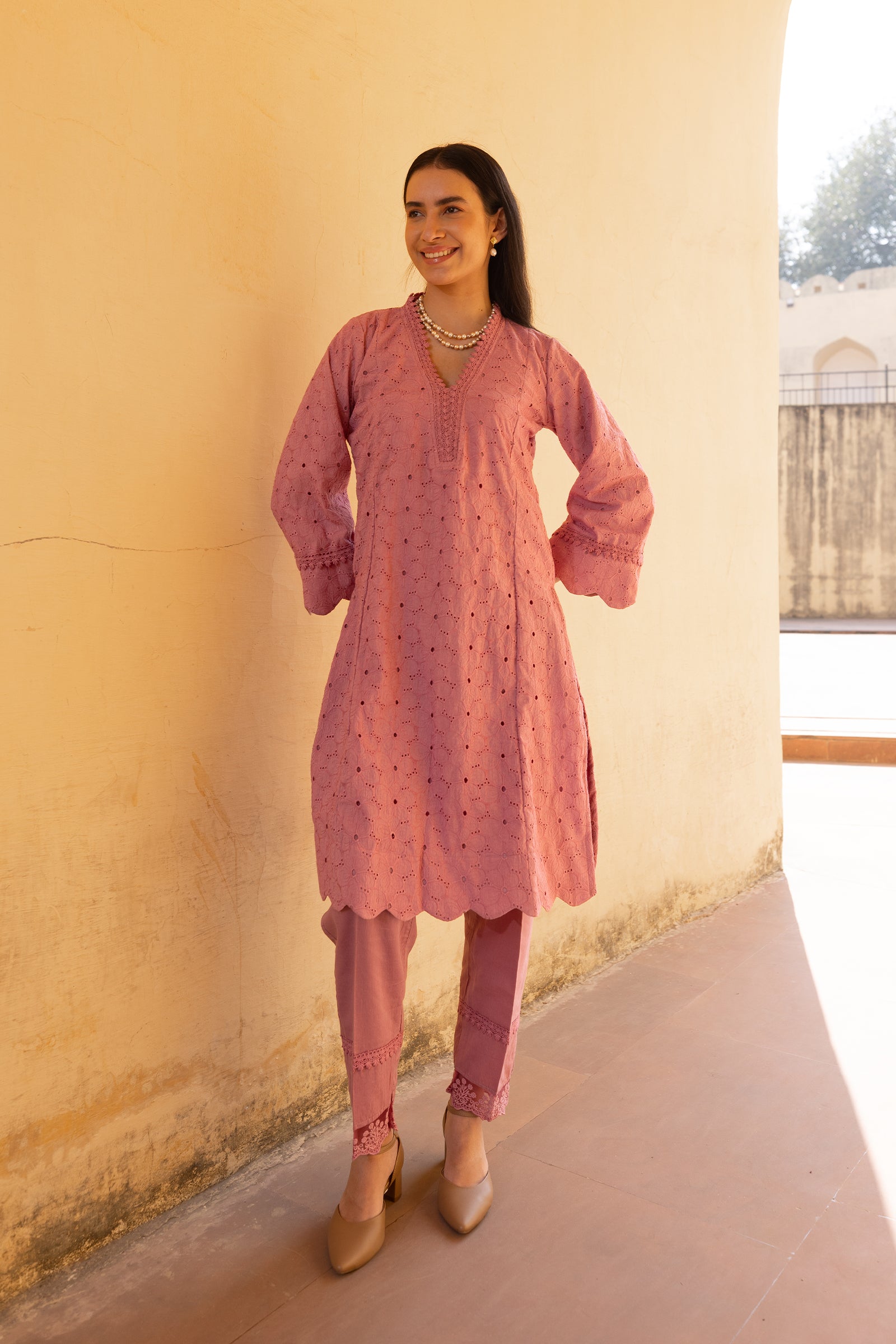 Old Rose Embroidery Kurti With Dupatta