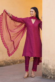 Magenta Pink Embroidery Kurti With Dupatta