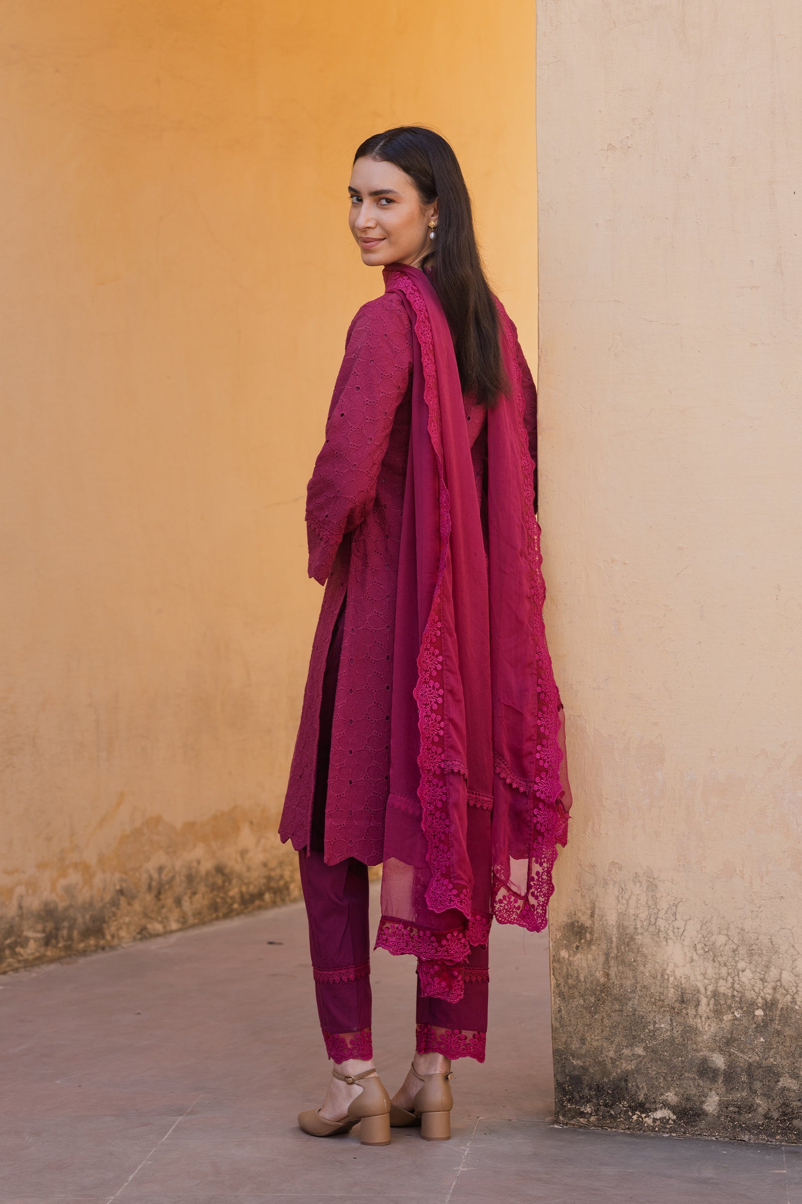 magenta pink embroidery kurti with dupatta