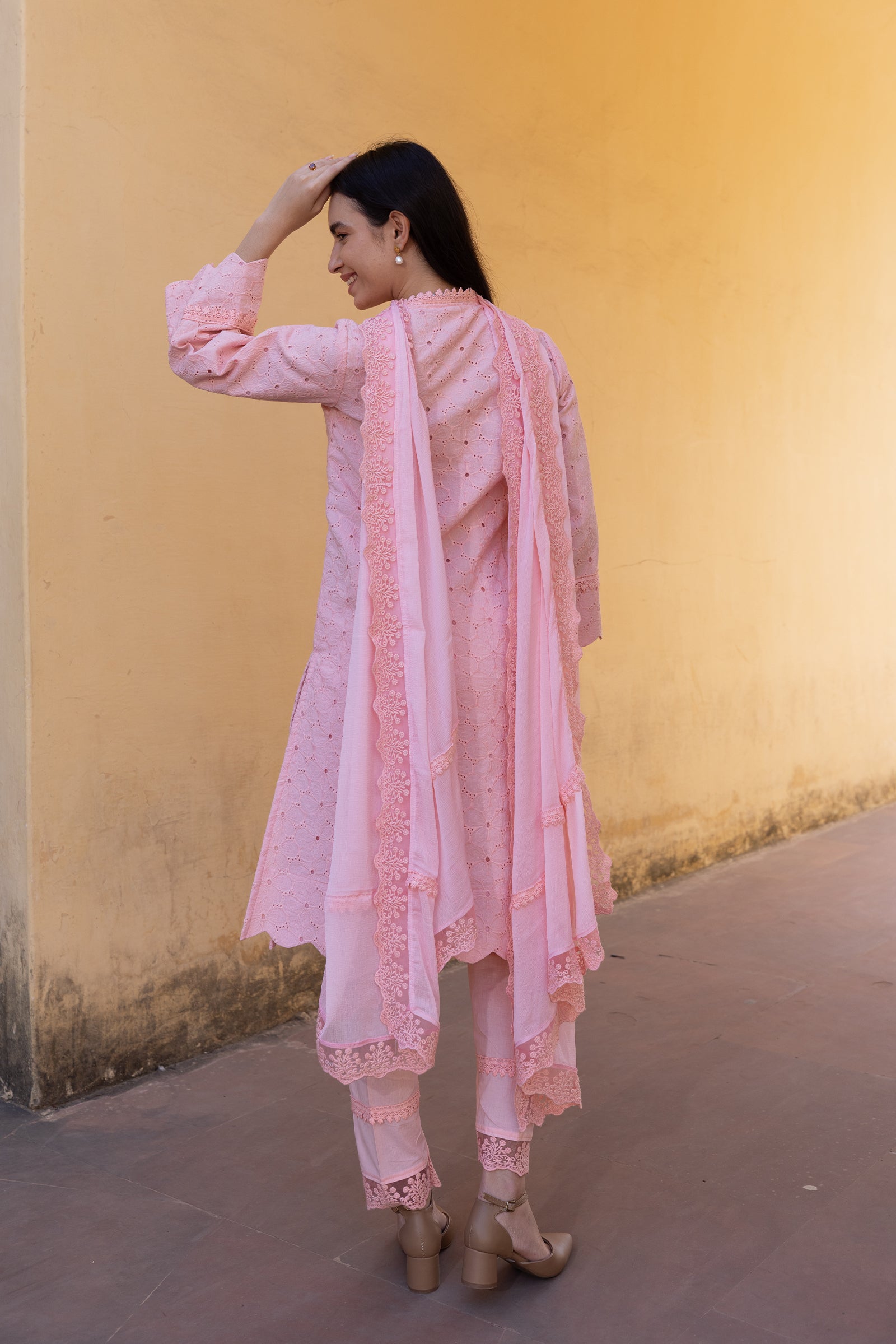Light Pink Embroidery Kurti With Dupatta