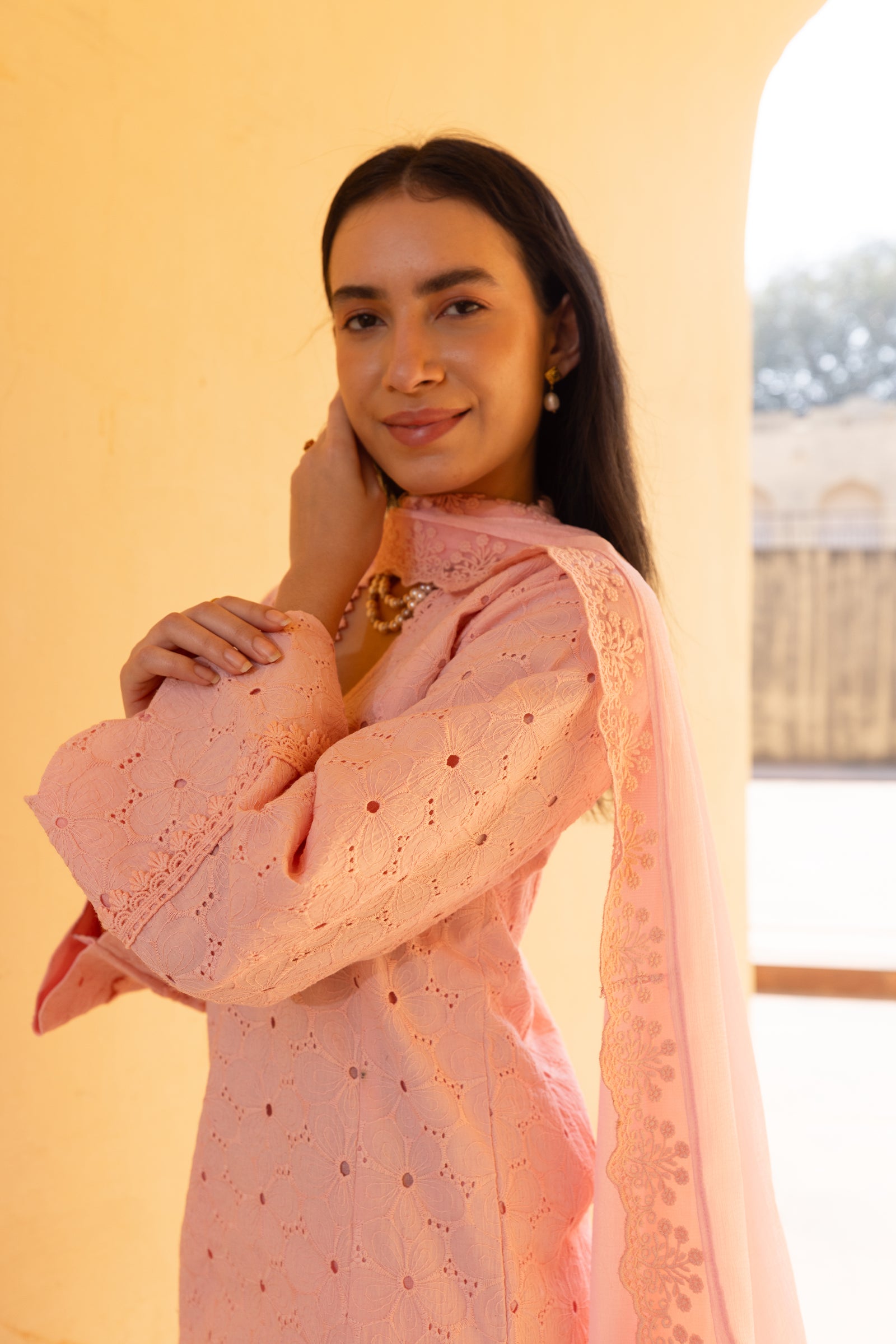 light pink embroidery kurti with dupatta